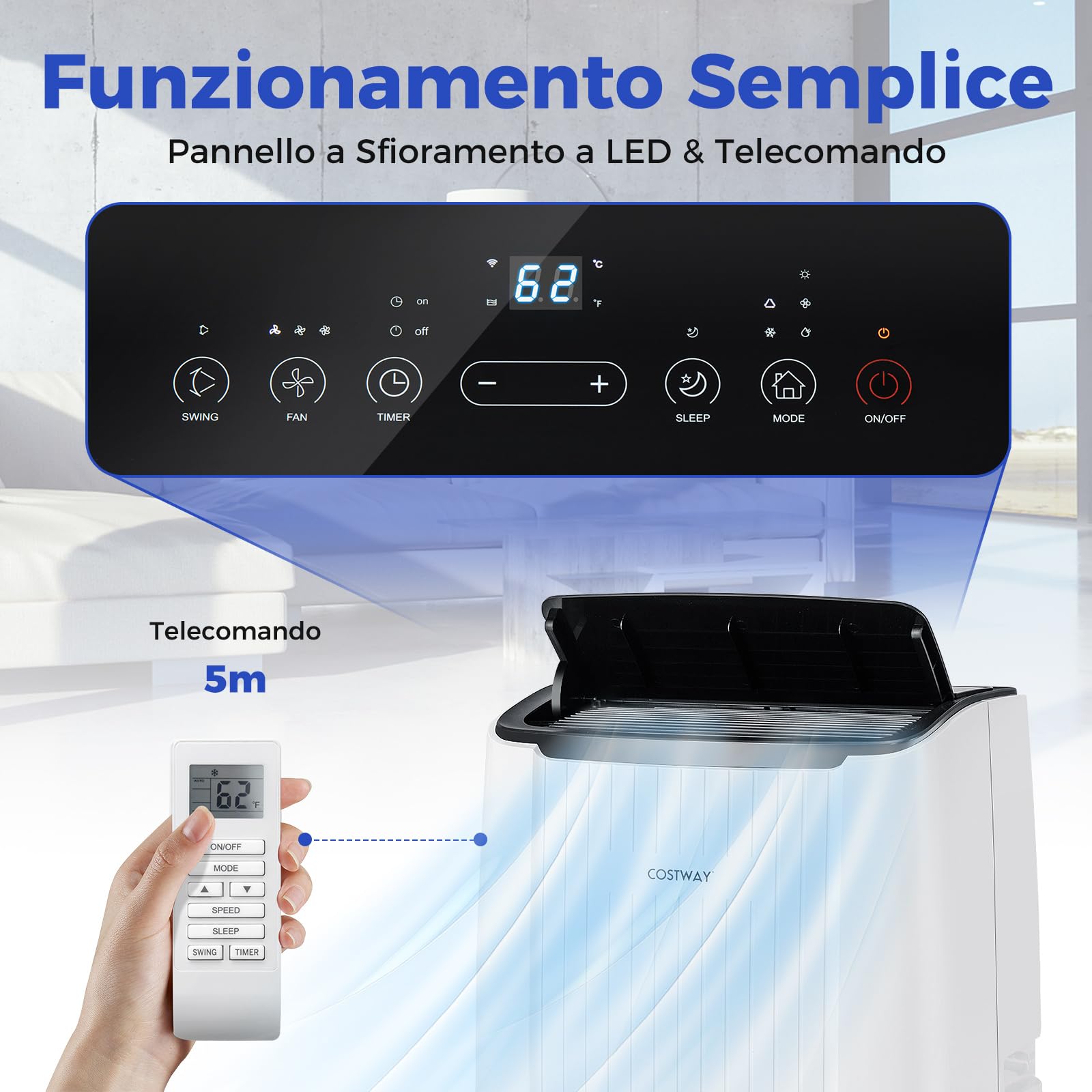 COSTWAY Condizionatore Portatile Caldo e Freddo, 14000BTU/4kW, 6 in 1 Con Raffreddamento, Riscaldamento, Ventola, Deumidificazione, Modalità Notturna e WiFi, 24H Timer, R290 (14000, BTU)