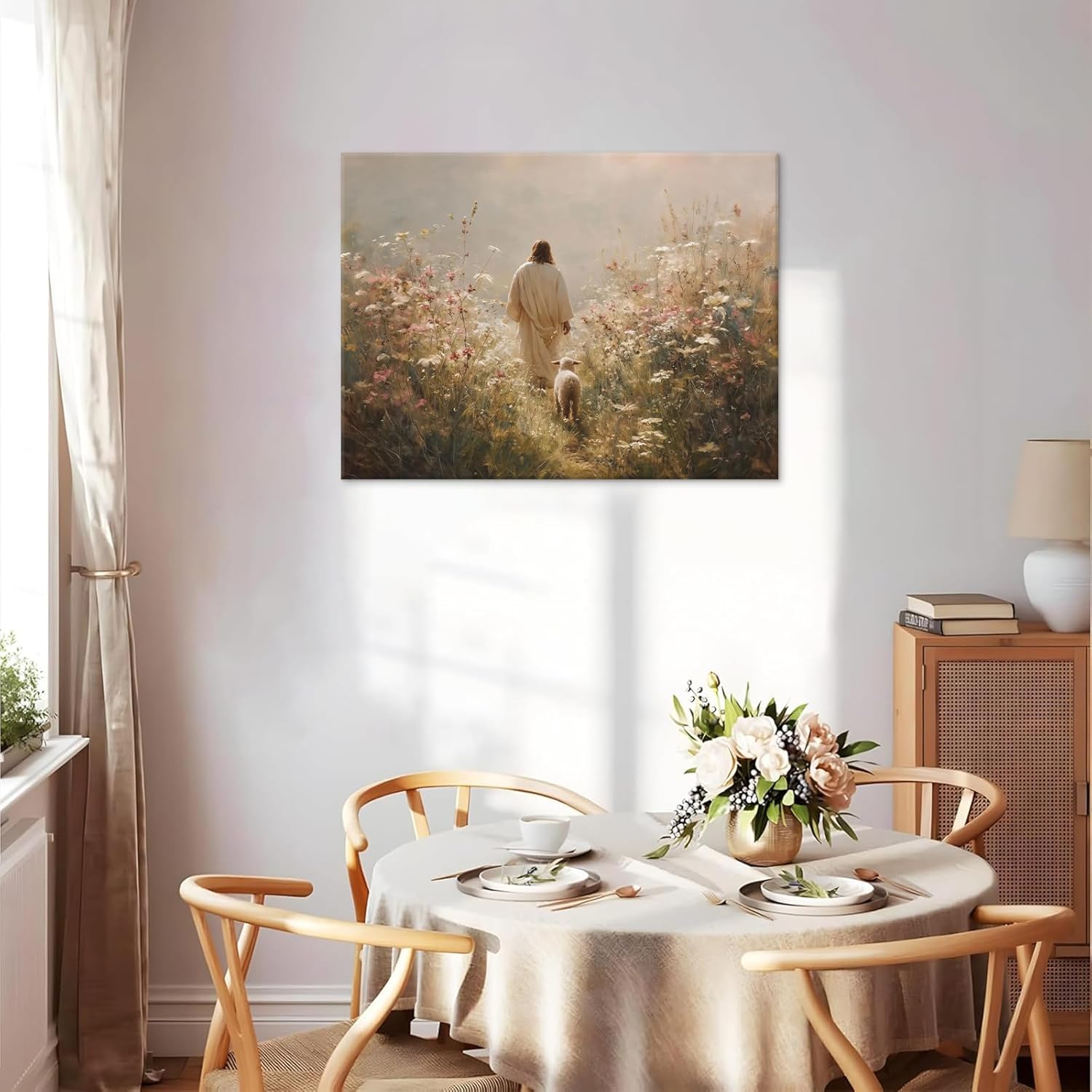 Jesus Leaves the 99 Sheep Wall Art The Lost Sheep Bible Stories Painting picture Wall Decor religion Christian Wildflowers Poster Print Artwork for Church LDS bedroom Living Home Decor 16x24 in Canvas