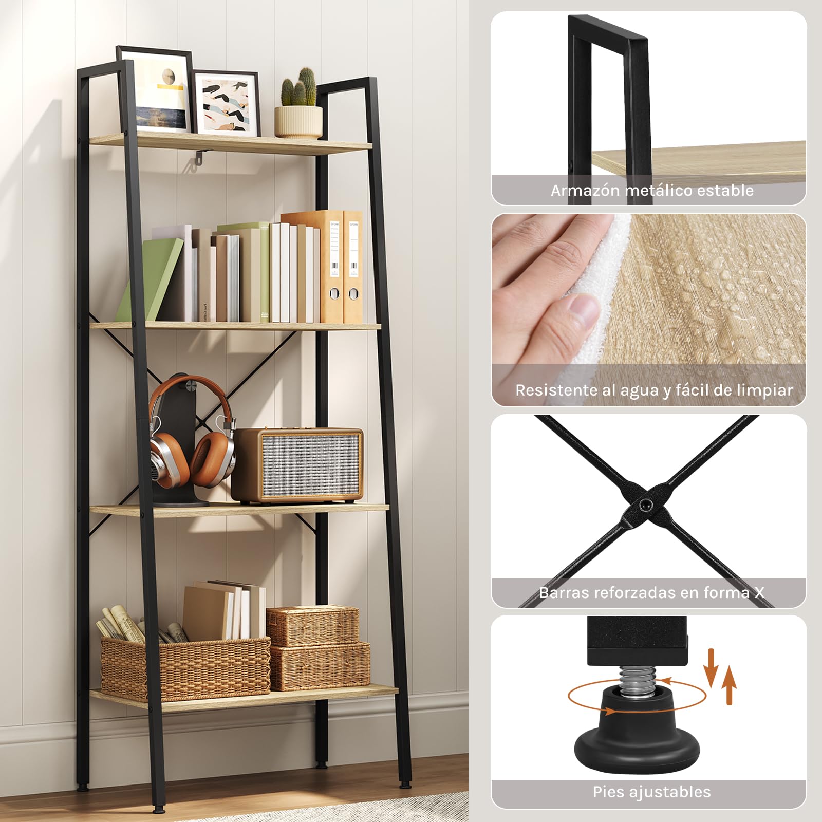 WOLTU Estantería Multiusos Moderna de 4 Niveles Librería para Sala de Esta Escalera de Flores Blanco + Roble Claro RGB9283whe