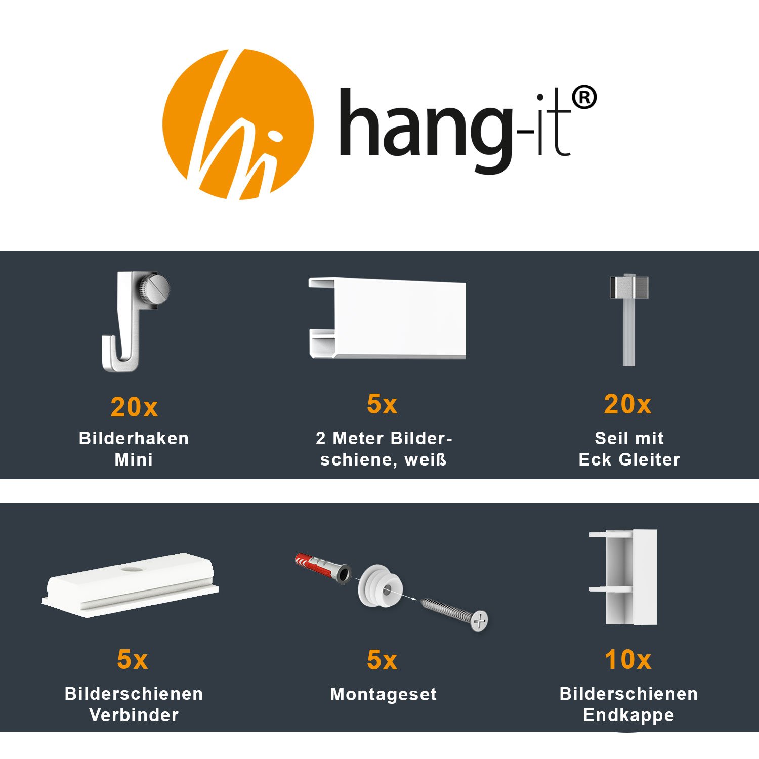 hang-it Komplettset - Galerieleisten Bilderleisten - 10 Meter inkl. Bilderhaken, Seile und Montagematerial