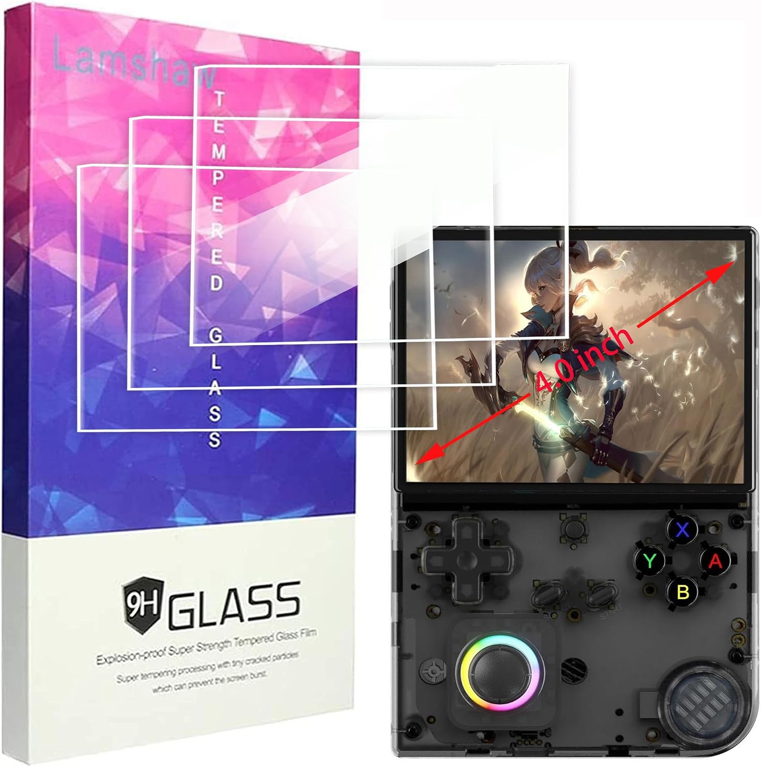 Lamshaw RG40XX V Retro Handheld Game Screen Protector, 9H Tempered Glass Screen Protector Film Compatible with RG40XX V Retro Handheld Game Console 4.0 Inch (Glass-3 Pack)
