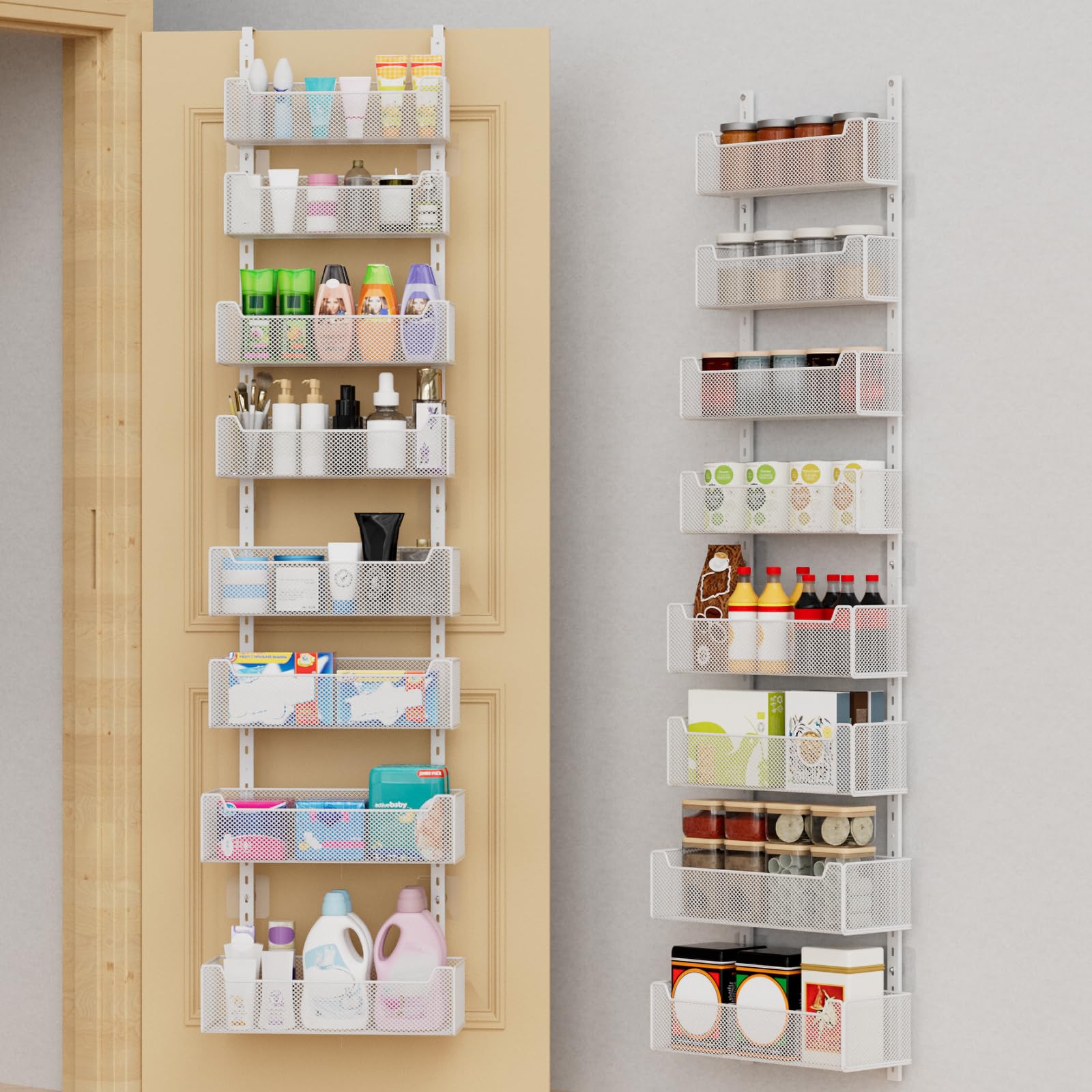 VyGrow Over The Door Storage, 8-tier Metal Door Organiser Hanging with Adjustable Baskets, Behind The Door Storage for Bedroom Closet Bathroom Pantry Cabinet Kitchen, White