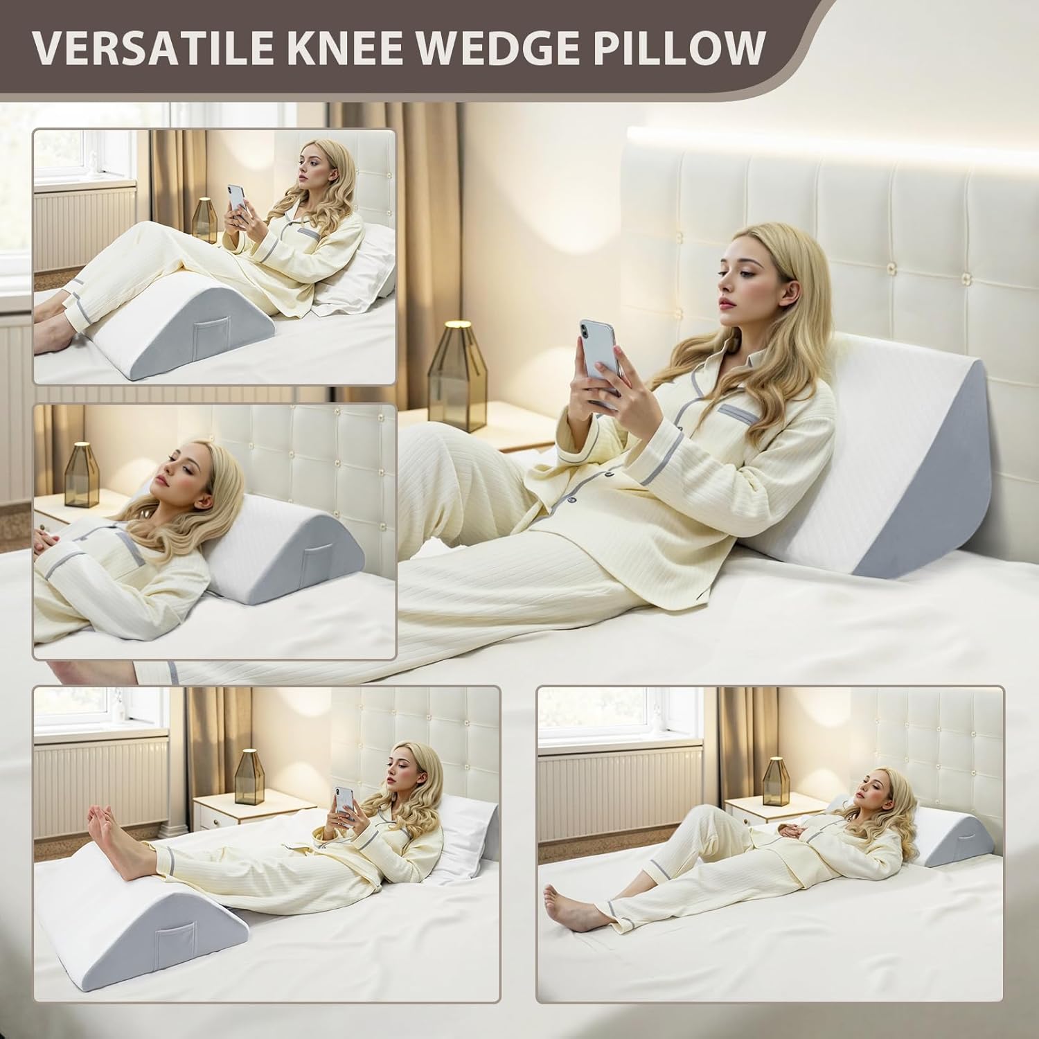 memory foam knee pillow, quilted white cover with gray base, orthopedic support