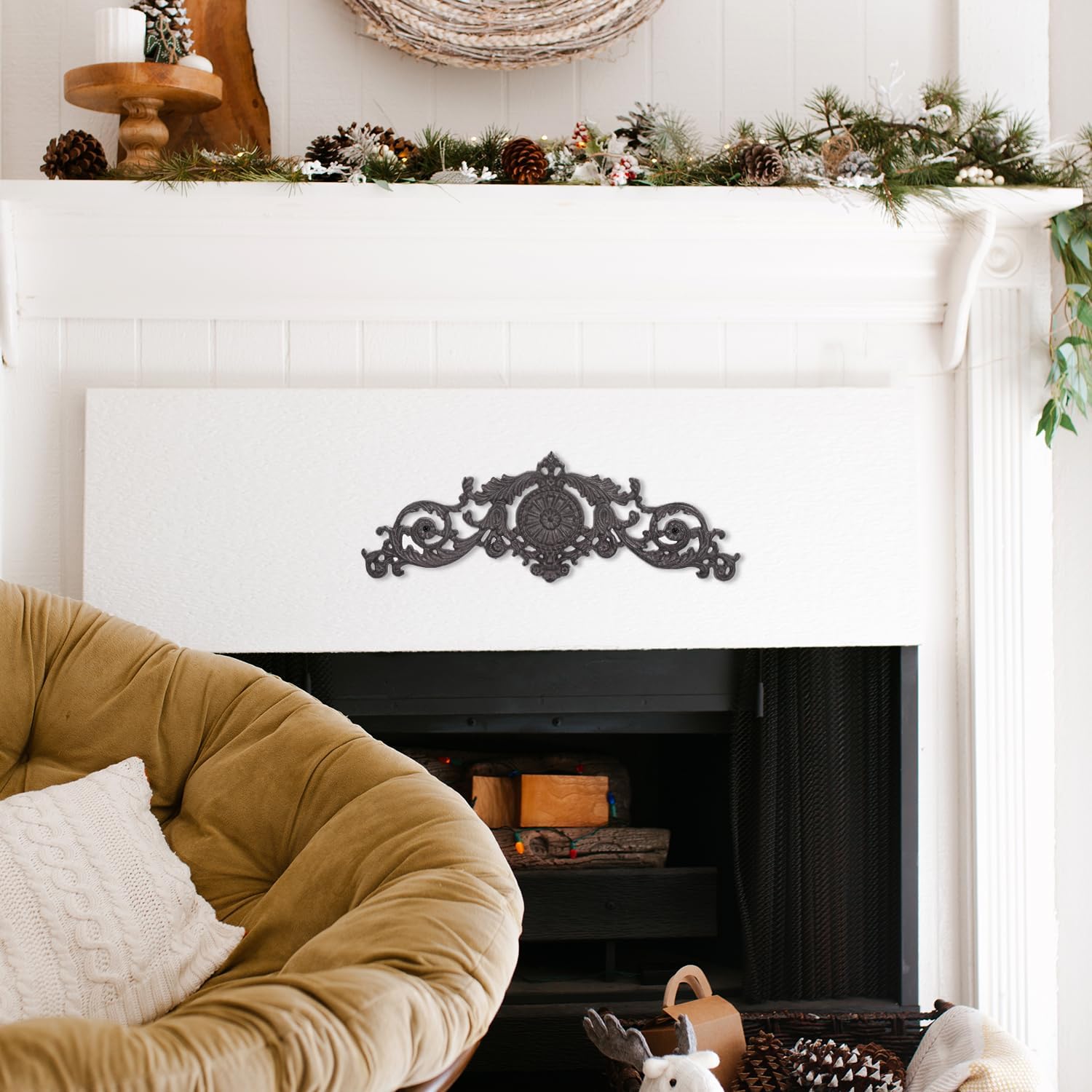 Sungmor Antique Style Cast Iron Wall Decor - Ornate Scroll and Floral Design Metal Plaque for Home or Garden Décor - Fireplace Mantel, Furniture Decorative Accent - 17.5 Inch & Rustic Black Finish