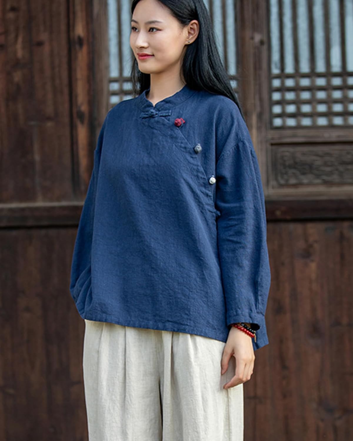 LUZU JUNU Women's Elegant Cotton Linen Blouse Tops Long Sleeve Casual Loose Fit Shirt - Image 8