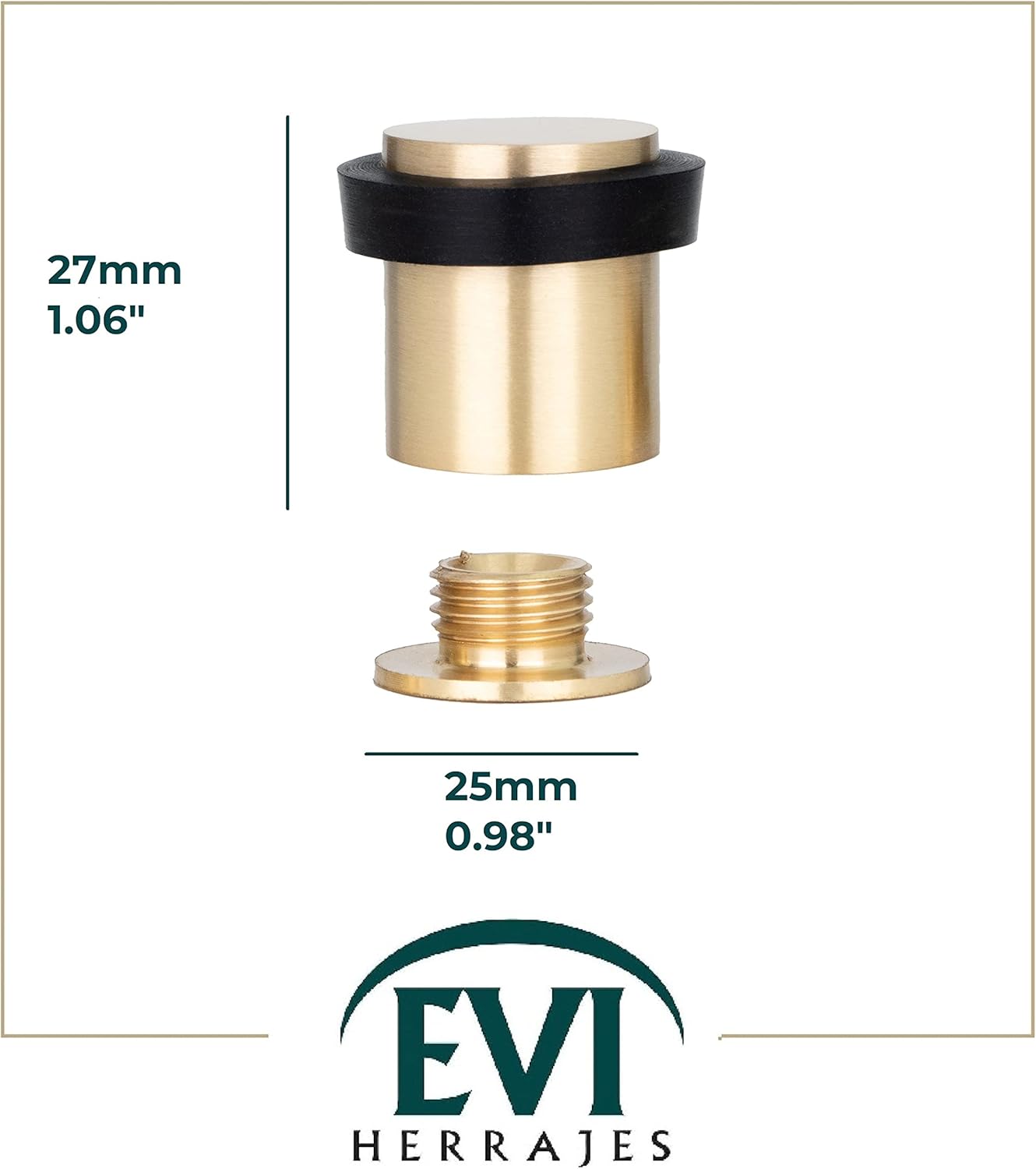 Pack of 3 EVI Door Stoppers |Brass Door Stopper - Screw Fastening - Black Rubber Protector - 0.79 x 0.99 Inch Door Stop