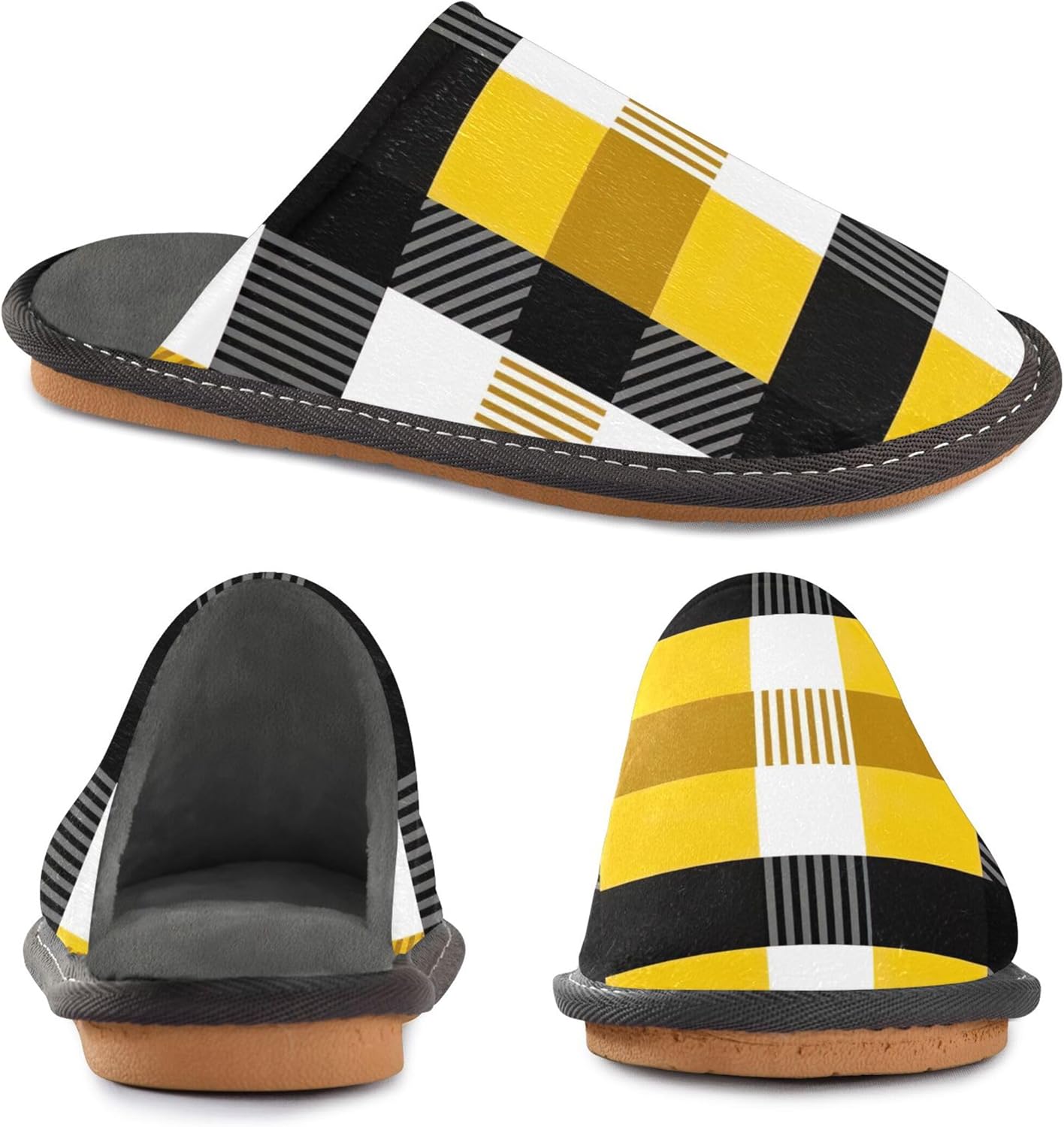 Yellow Black Buffalo Plaid House Slippers – Cozy Fuzzy Slippers for Guests, Washable & Disposable, Perfect for Shoeless Home, Spa & Hotel Use A111920