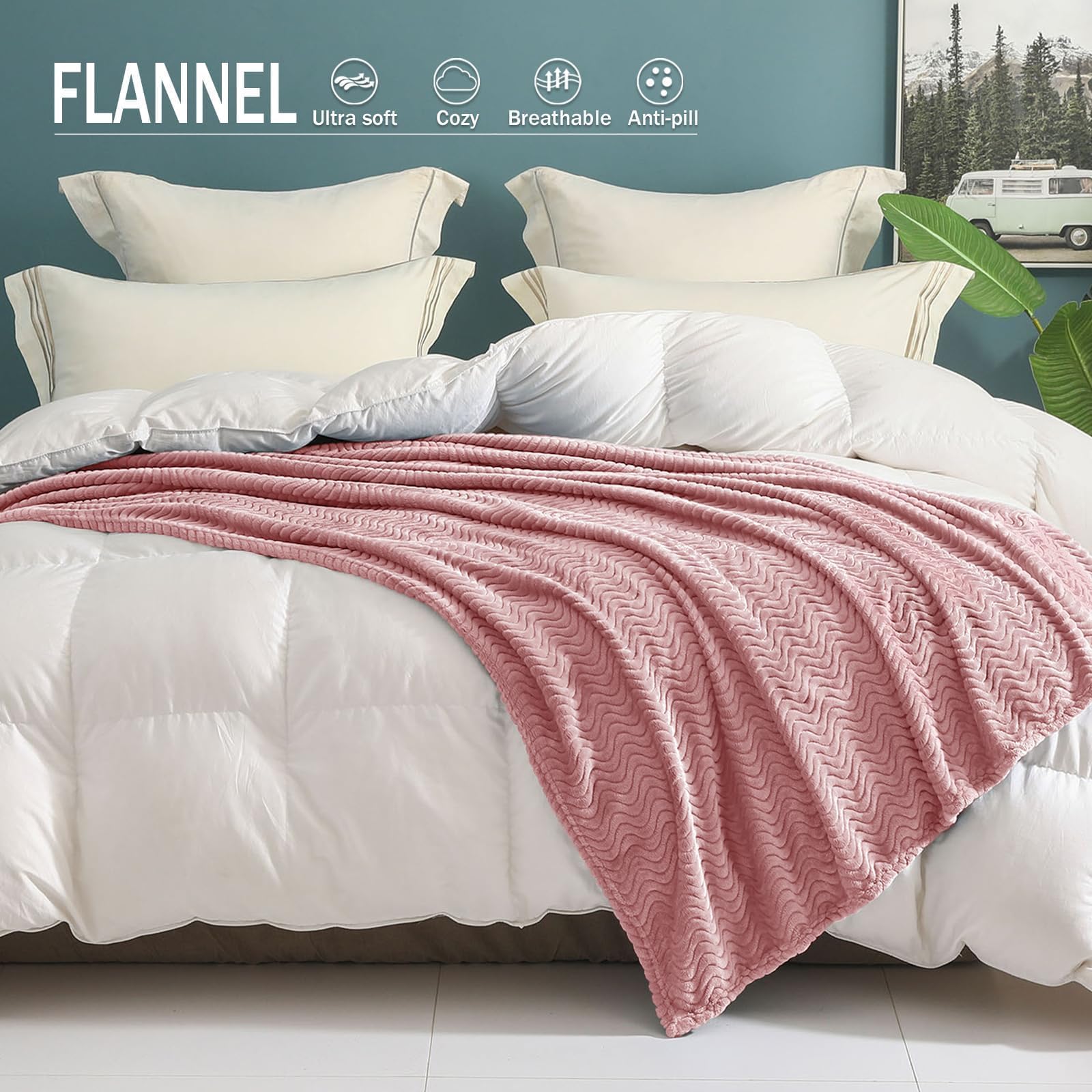 Exclusivo Mezcla Throw Blanket for Couch, Cozy Lightweight Fleece Blankets with Decorative Wave Textured Suitable for Winter, Pink, 50x70 Inches