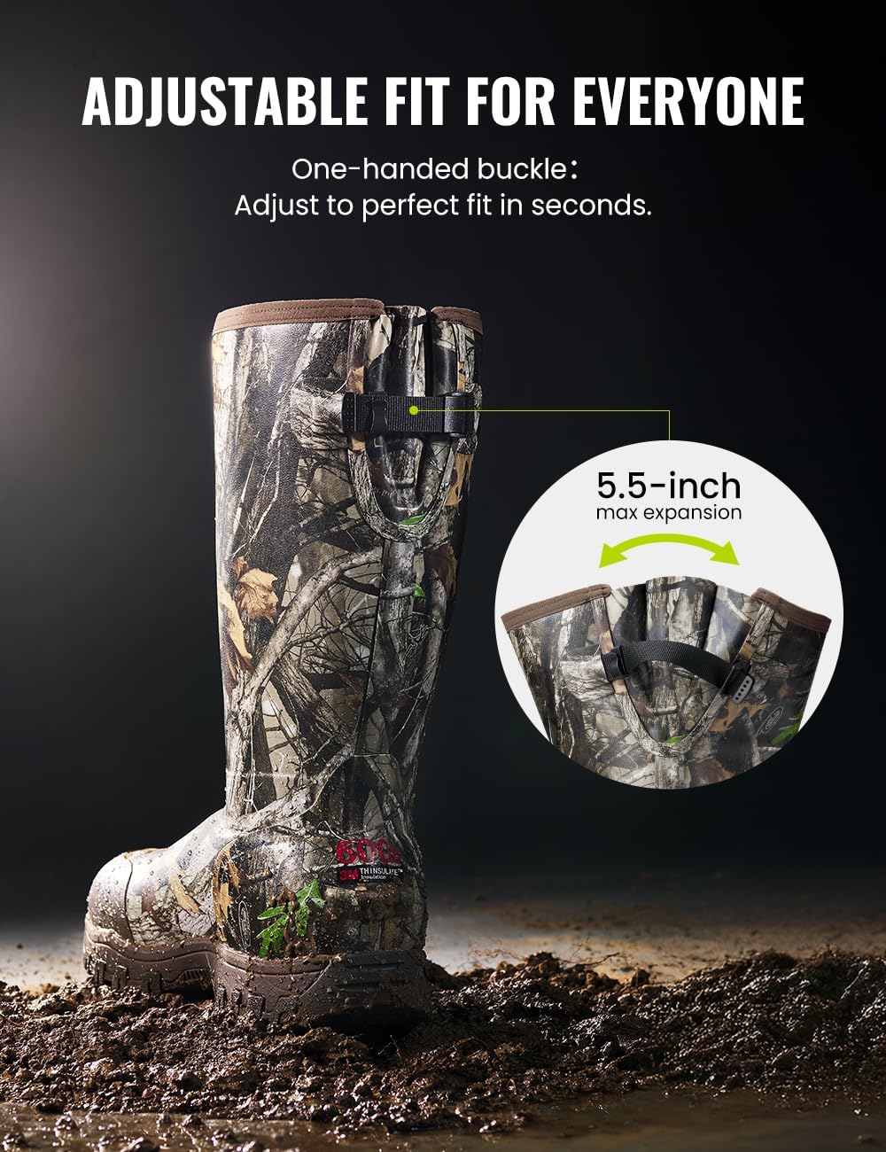 TIDEWE Men's Hunting Boots, Odor-Control Lining, 600g Warmth, Waterproof Insulated Rubber Boots with 5mm Neoprene, Lightweight EVA Outsole, Adjustable Calf Gusset, Slip-Resistant Grip - Image 8