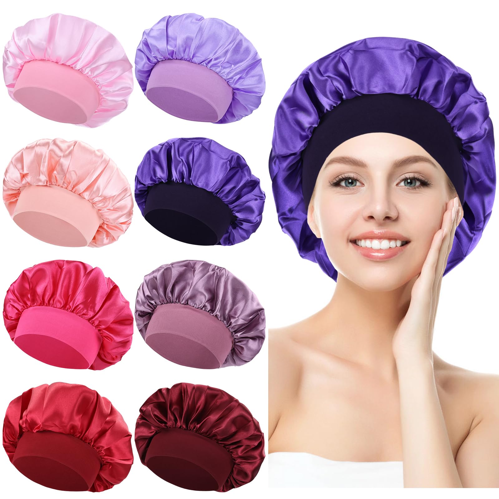 Lawie 8 Pack Colors Satin Lined Silky Sleeping Bonnets Shower Caps Curly Long Hair Protector Night Large Adjustable Wide Brim Band Sleep Hats Hair