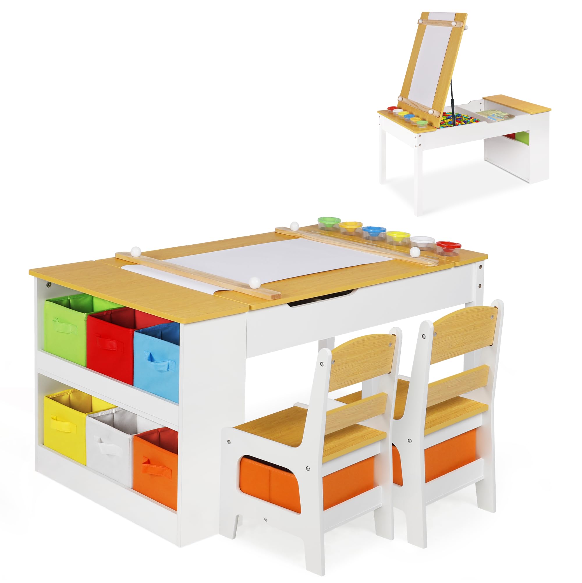 GRAVFORCE Kindertisch mit 2 Stühlen Maltisch & Basteltisch Kinder mit anhebbarer Tischplatte Spieltisch Kinderzimmer mit Stauraum Farbbechern 8 Stoffbehältern für Kinder ab 3 Jahren (Natural)