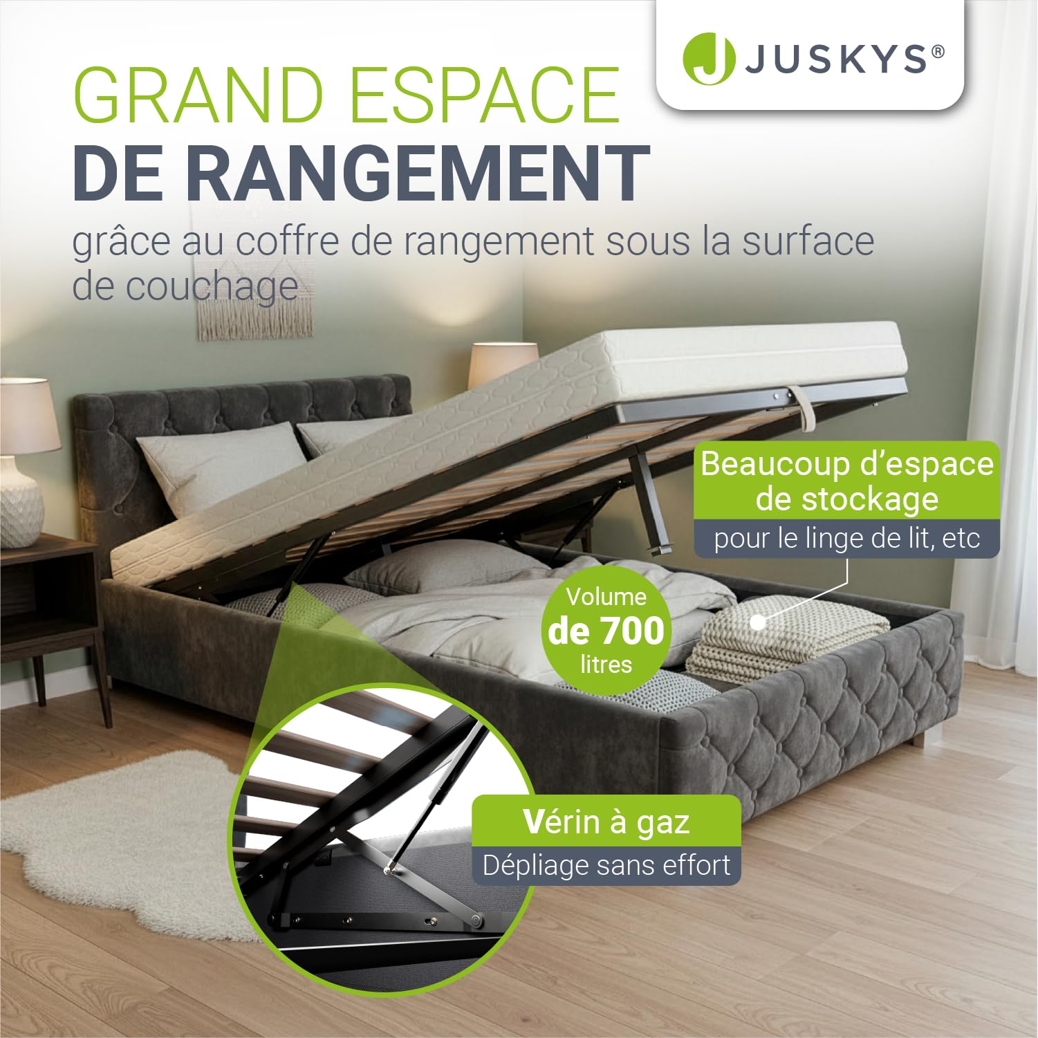 Juskys lit rembourré Nizza 120x200 cm avec sommier à Lattes, Coffre et éclairage LED, Cadre de lit avec Housse en Velours et surpiqûre Chesterfield, Gris