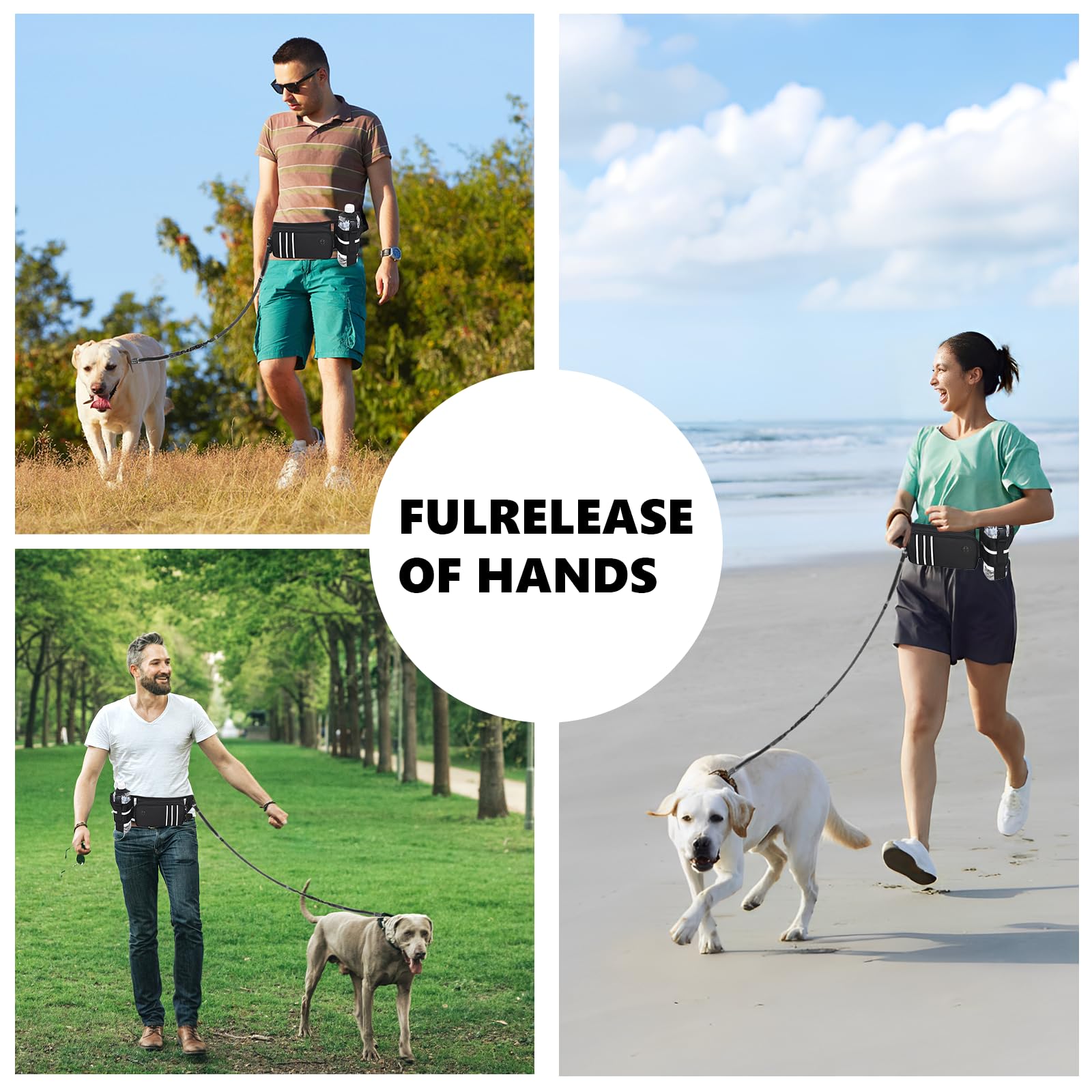 Hundeleine für mittelgroße Hunde – verstellbarer Laufgürtel mit Kotbeutelspender und Tasche für große und kleine Hunde, reflektierende Bungee-Leine, Doppelgriffe zum Laufen, Wandern, stoßdämpfend