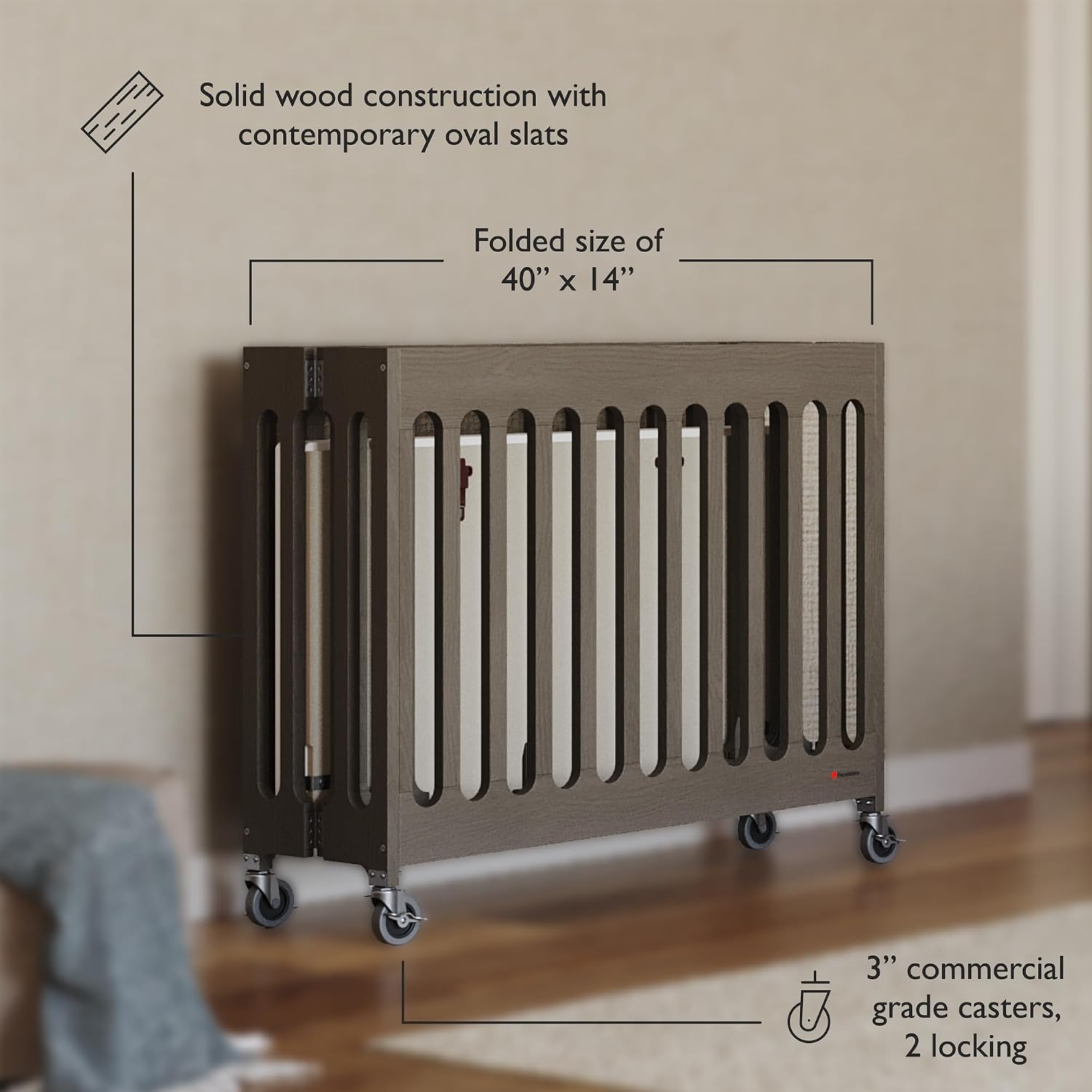 Foundations Boutique Folding Mini Baby Crib, Compact, Portable, Wooden Hotel Crib, Foldable Mini Crib for Baby & Toddlers, Includes 3" Foam Mattress, Dapper Gray