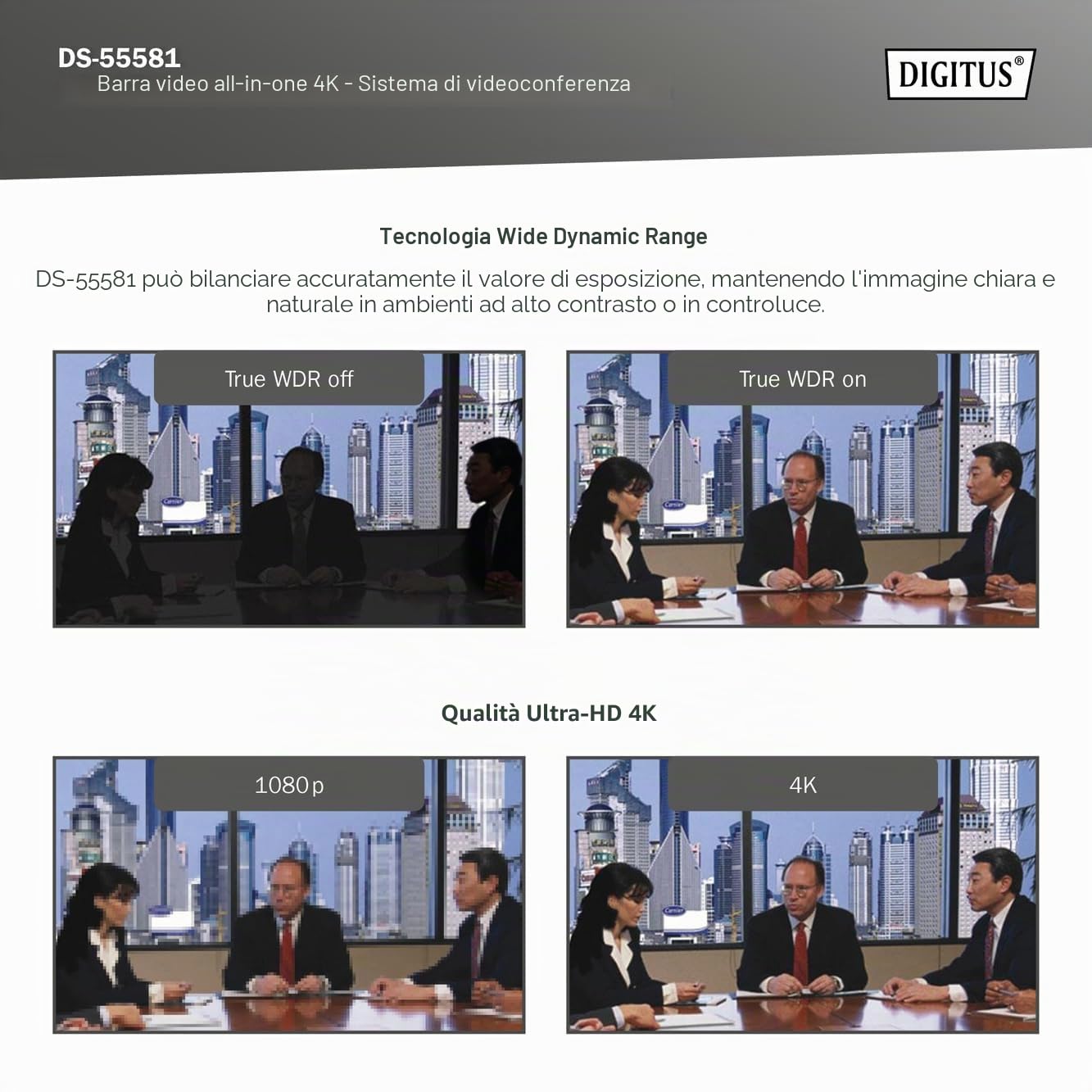 DIGITUS DS-55581 Video Bar Mini, Sistema di videoconferenza - Webcam 4K UHD 30 Hz ePTZ - 2 microfoni interni - altoparlante interno 2 W - messa a fuoco e zoom automatici, cancellazione dell'eco