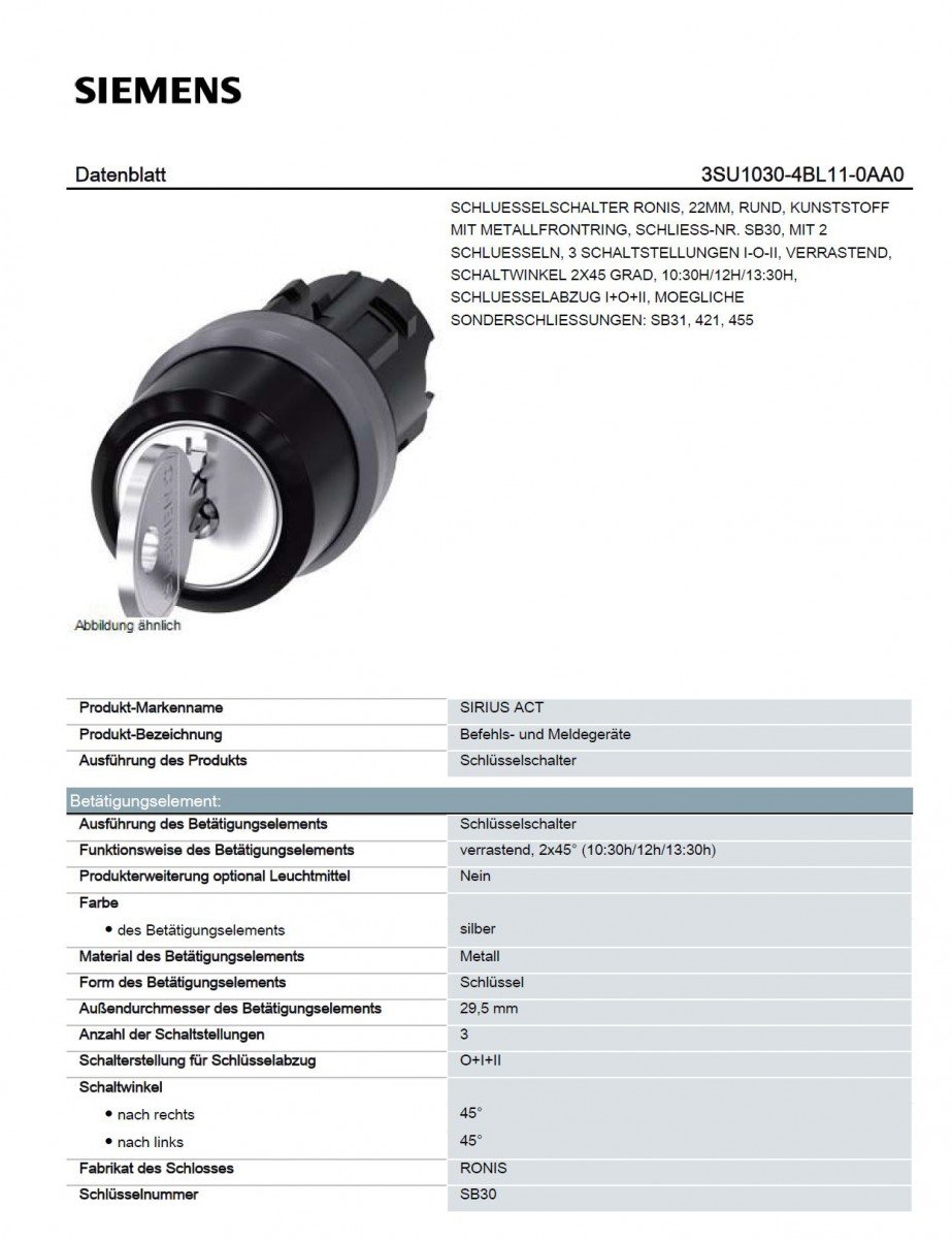 Clé Siemens Sirius ATC Pour Interrupteur à Clé Ronis SB30 - Sécurité Industrielle