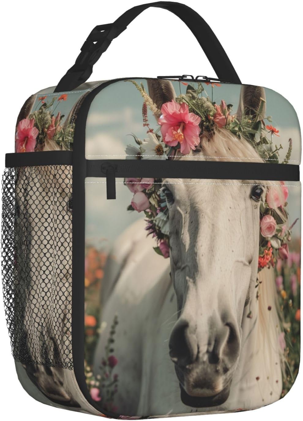 Elegant Horse Flower Insulated Lunch Box for Women Girls,Polyester Reusable Cooler Lunchbox Gifts,Animal and Floral Leakproof Lunchbag for Work,Picnic,Travel,Hiking,Fishing,Camping