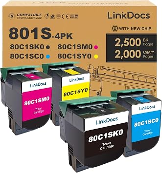 LinkDocs 801S Remanufactured High Yield Toner Cartridge 80C1SK0 80C1SC0 80C1SM0 80C1SY0 Replacement for Lexmark CX310 CX310n CX310dn CX410 CX410e CX410de CX410dte CX510 CX510de CX510dthe 4-Pack