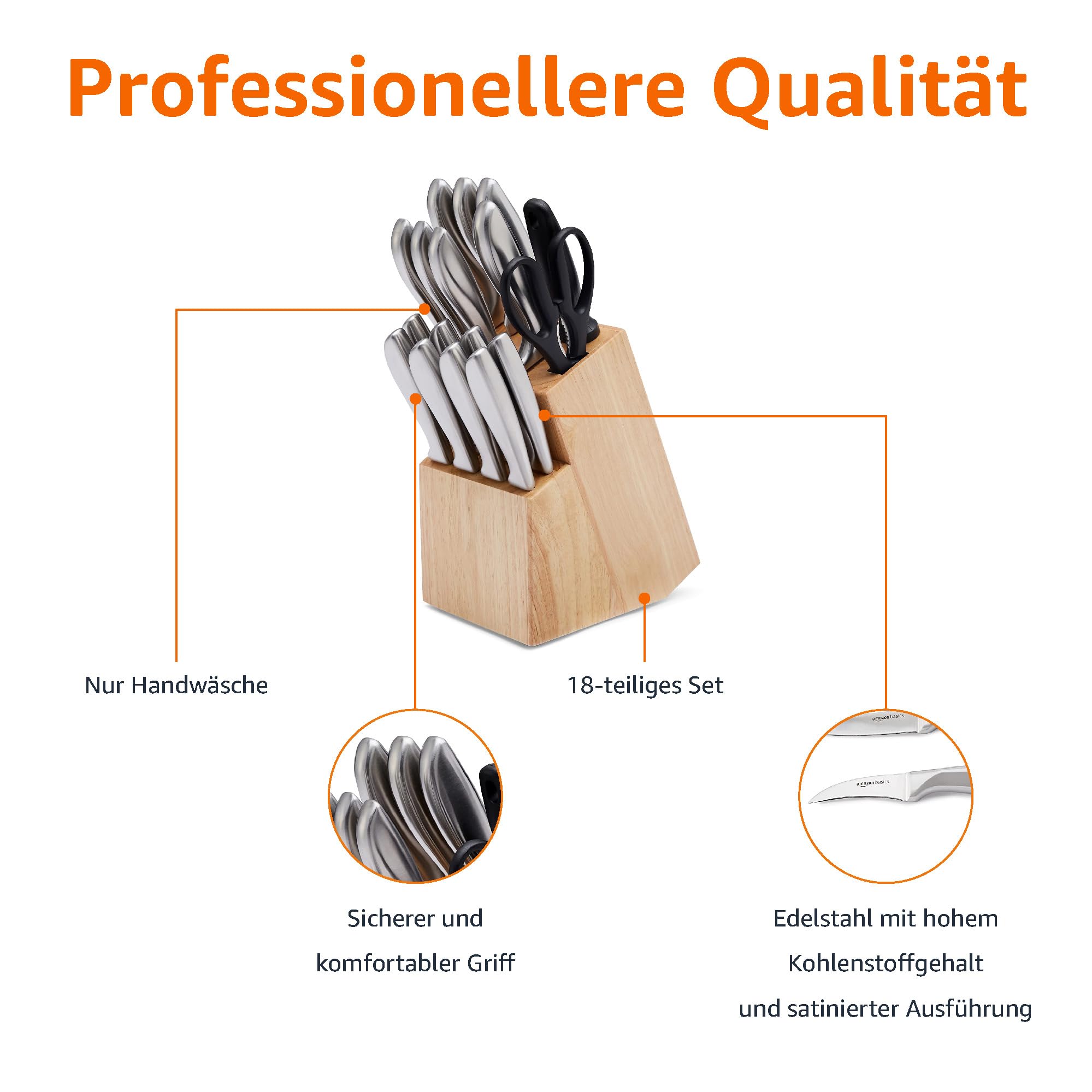 Amazon Basics Edelstahlmesser-Set mit Komfortgriff und Block, 18 Stück, 1er-Pack, Schwarz