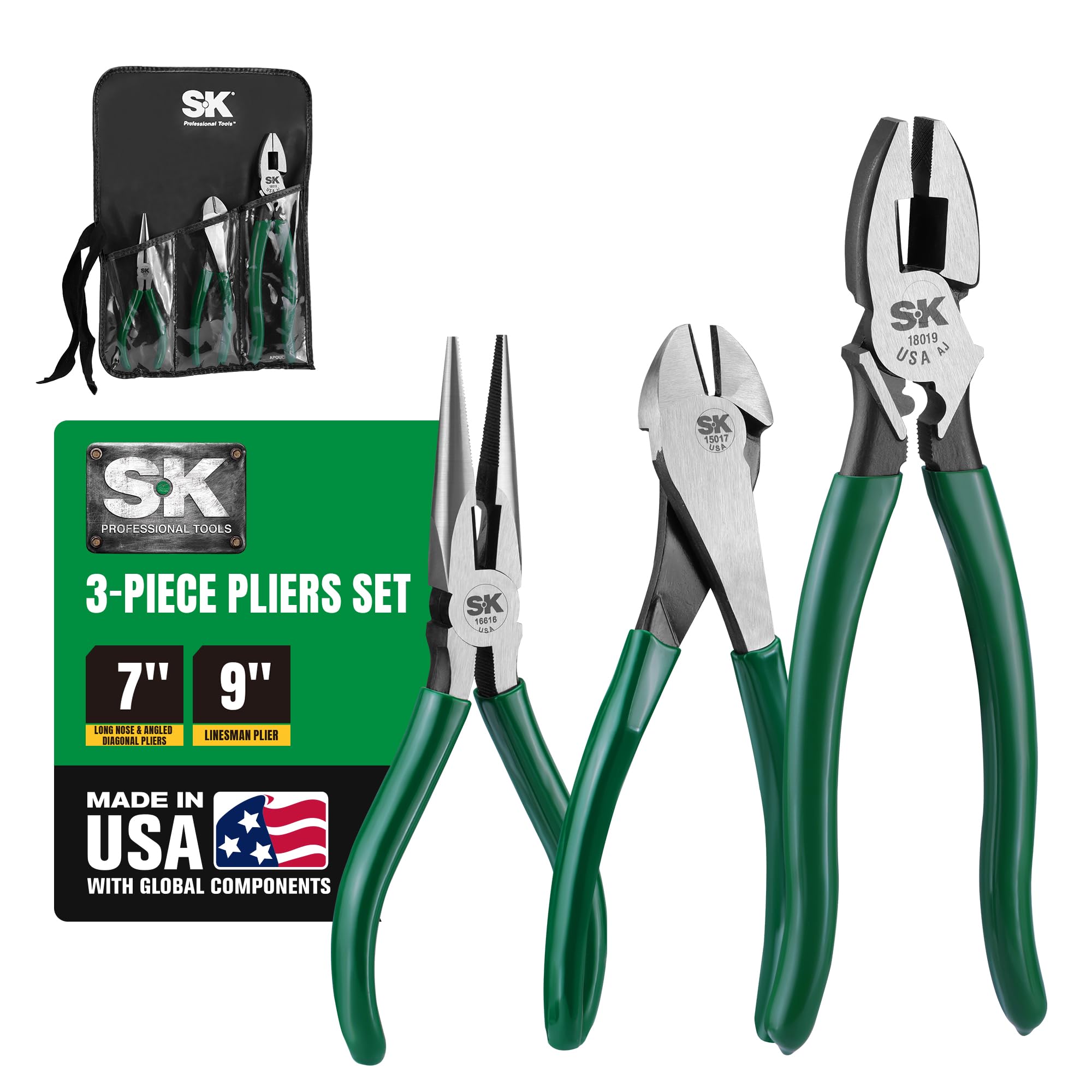 SK Tools USA 3 Piece Pliers Set: Diagonal Cutting, Long Nose