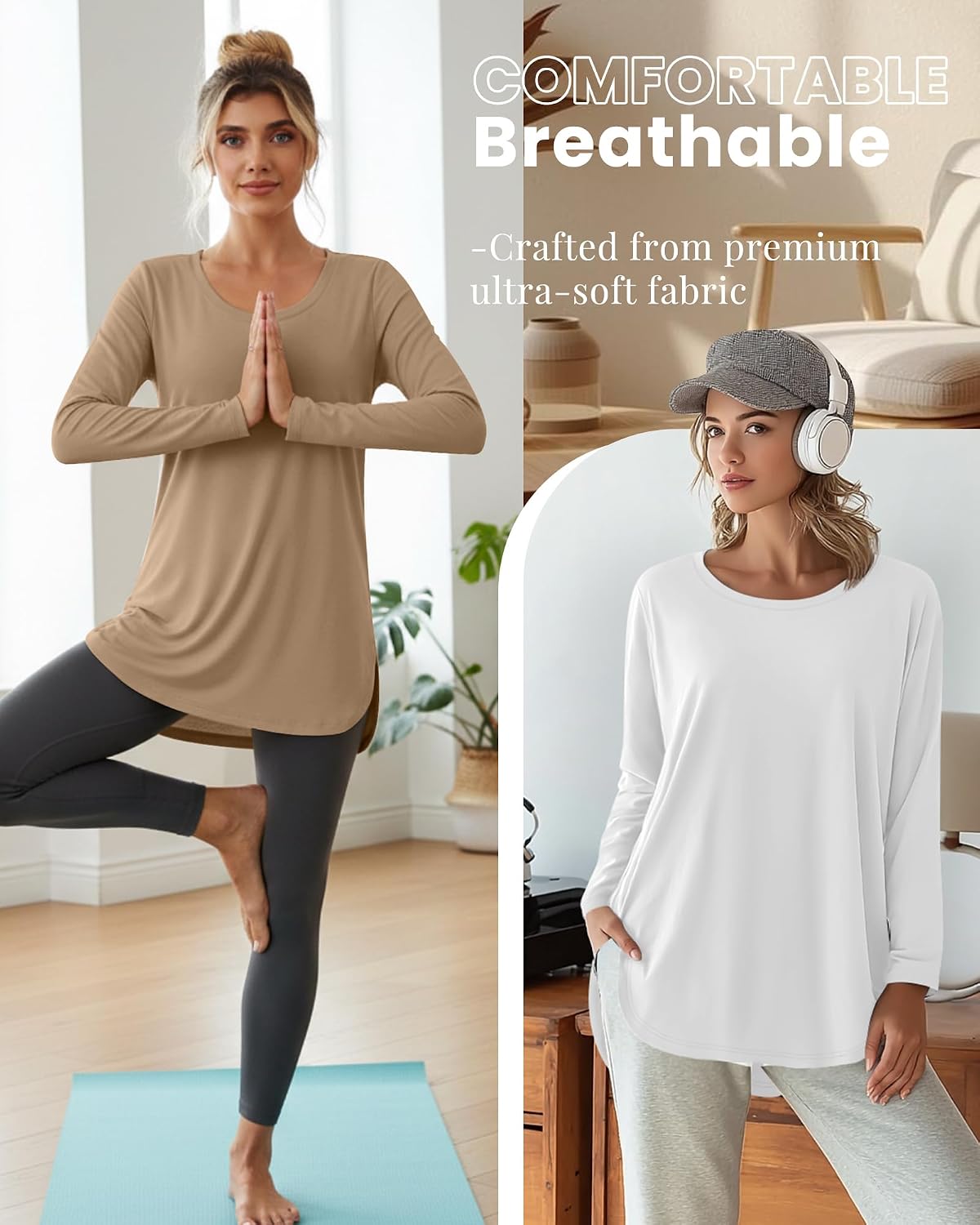 Oakgarden 3 Pack Women Long Sleeve Shirts Casual Crew Neck Tunic Tops Side Split Curved Hem Loose Fit T-Shirt 2026 Fashion