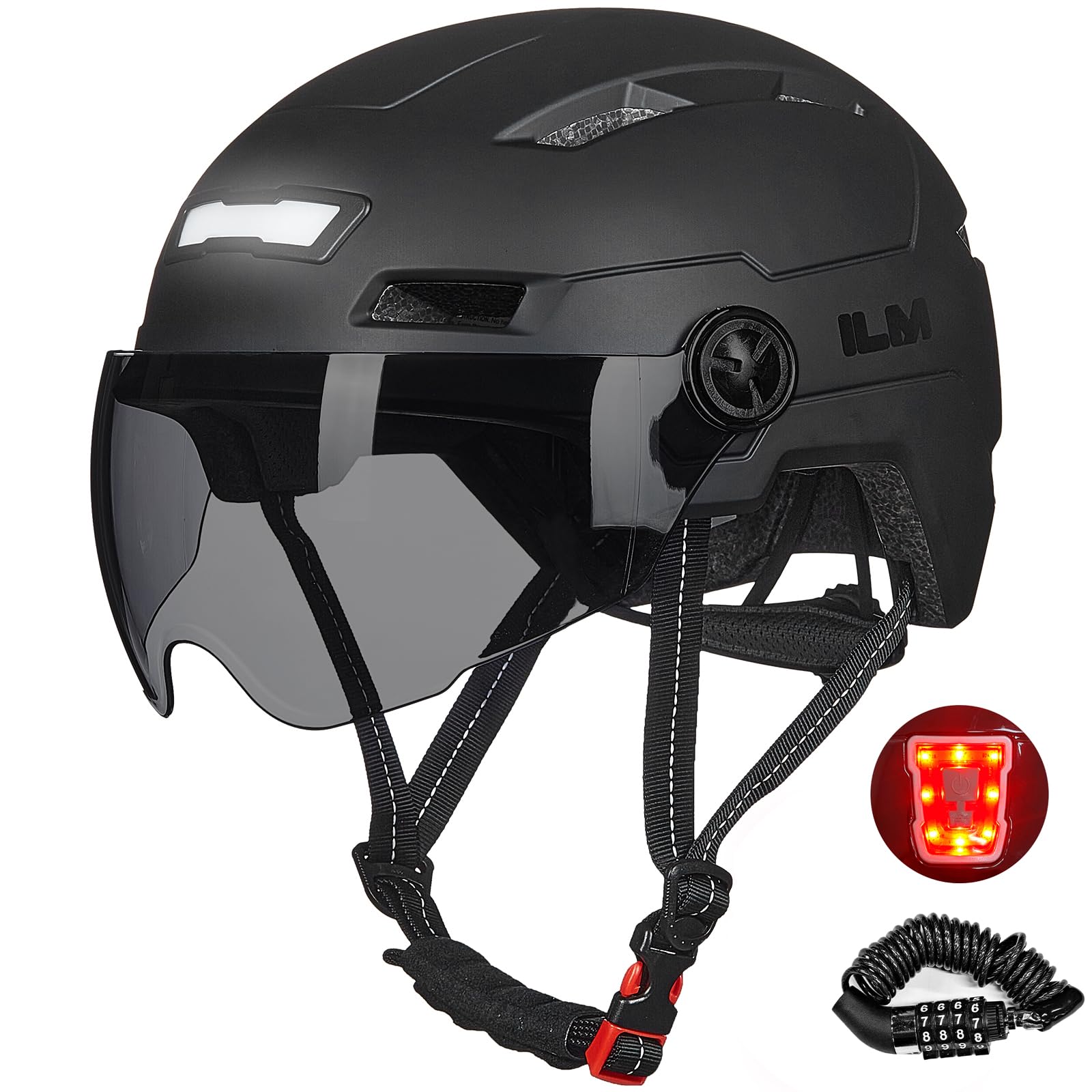 ILM Bike Helmet Men Women with Lock USB Front and Back Light Unisex Adult for Cycling Bicycle Scooter E3-10L,Matte Black,L/XL