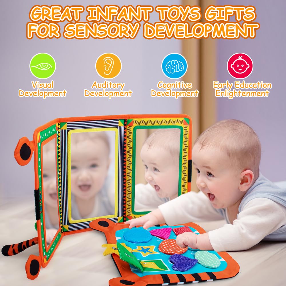 Zyluniy Juguete De Espejo Y Libro Crujiente Para Bebés – Plegable Con Tarjetas De Contraste, Ideal Para Tummy Time Y Viajes, 0-12 Meses