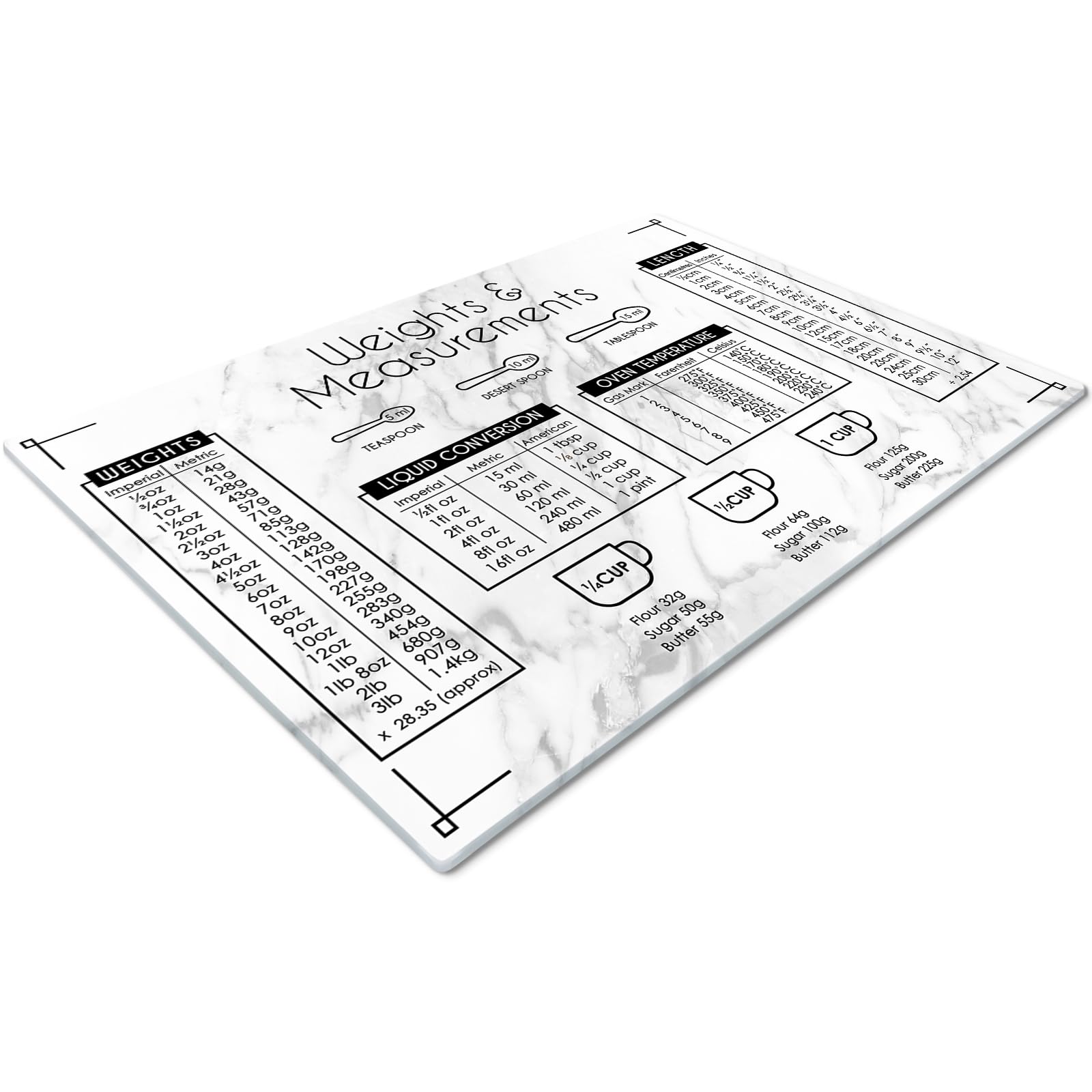 Glass Chopping Board 50 x 40 | Kitchen Worktop Protector | Multifunctional Cutting Board | Work Top Savers | Kitchen Accessories | Extra Large | Weights & Measurements Marble Effect
