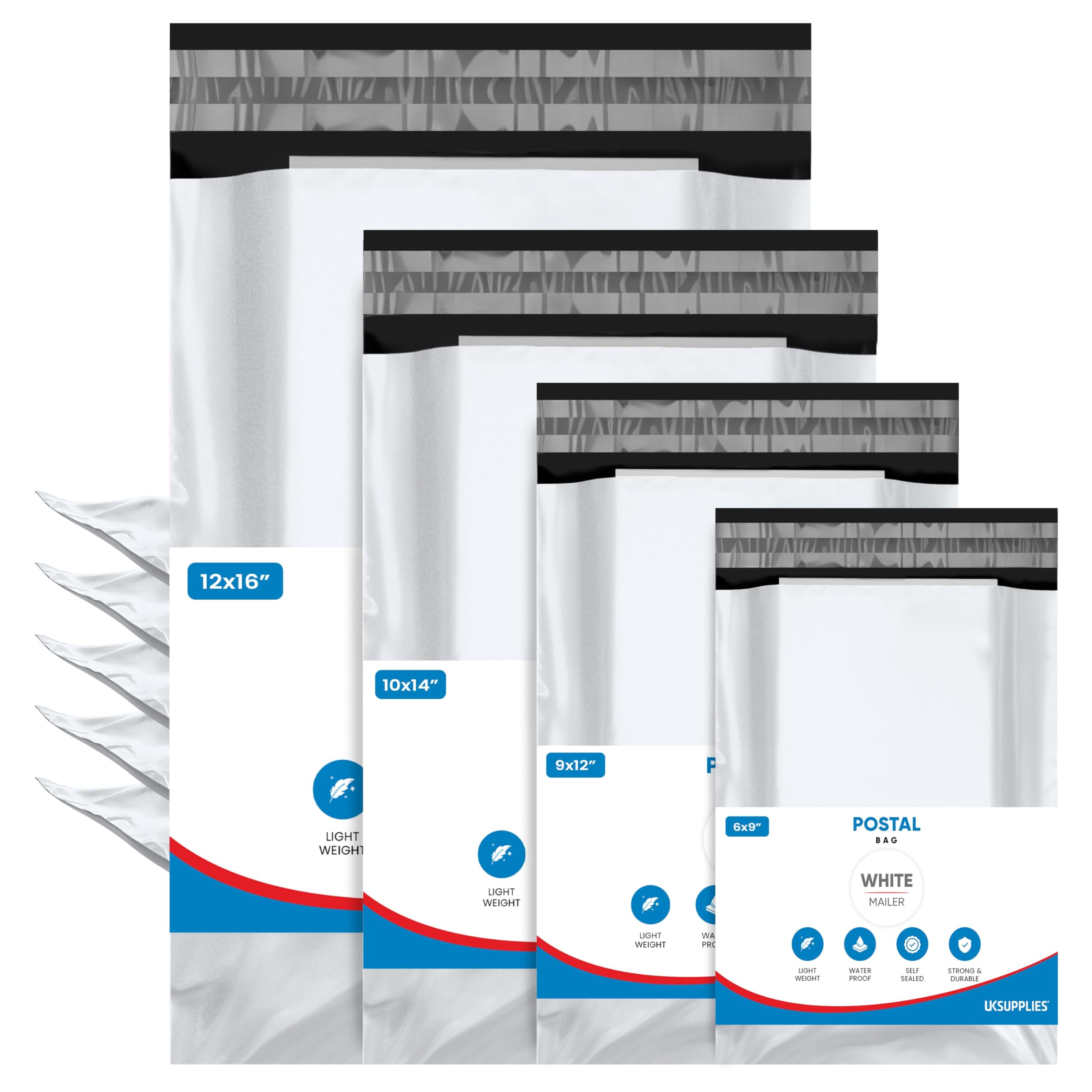 UK SUPPLIES LIMITED 100 Assorted Mix White Mailing Bags in 6x9 9x12 10x14 & 12x16 (Pick Any Pack Size) Poly Postage Bags Waterproof & Strong Self-Seal Postage Mailers Ideal for Posting & Packaging