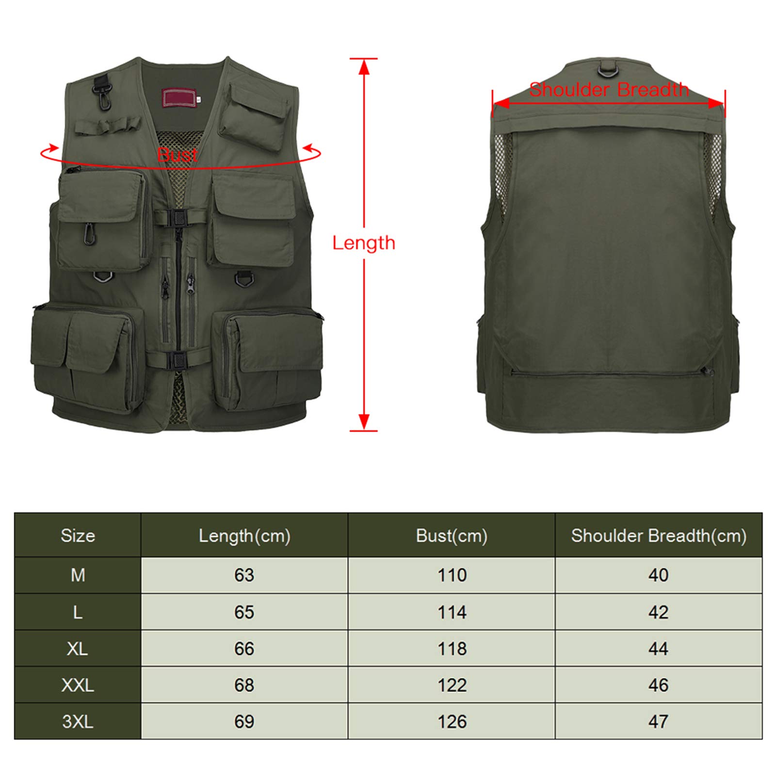 Chaleco de Pesca para Hombre Multi-Bolsillos Chaleco de Pesca Chaleco de Trabajo, para Fotografía Caza Camping Viajes Deportes,Verde,M