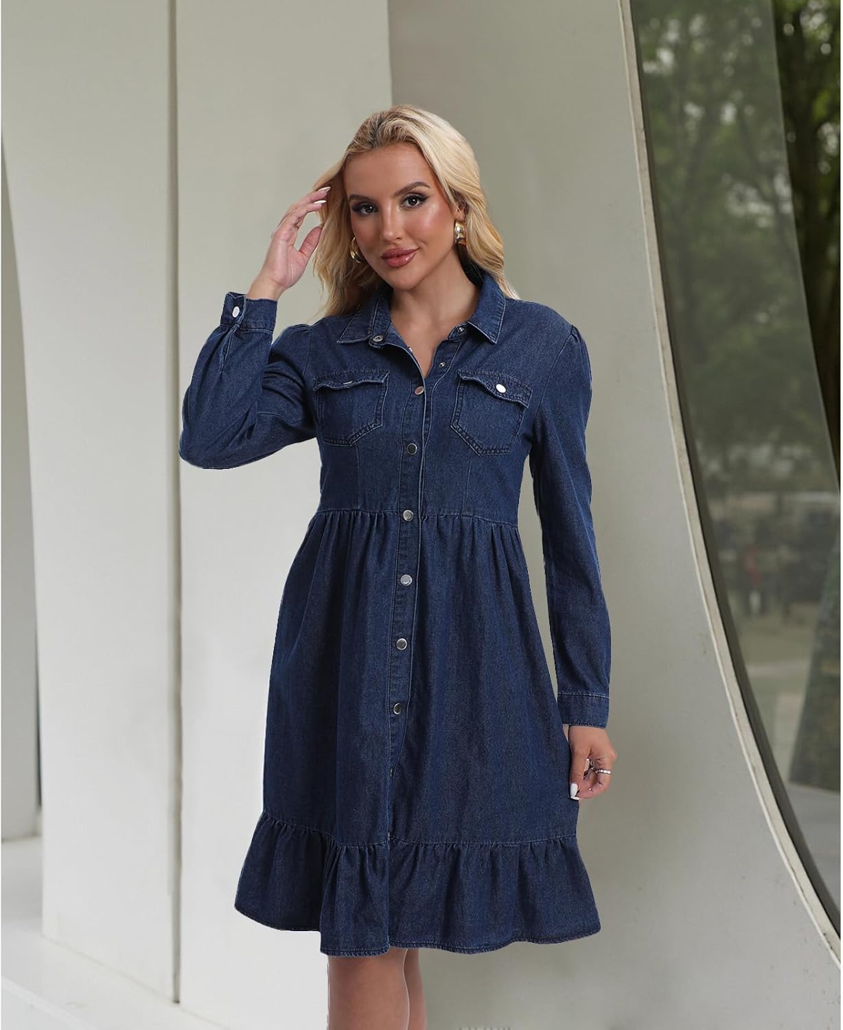 2025 New Fall Women's Dark Blue Long Sleeve Shirt Dress, Wrap Waist, Flounce Hem Denim Dress with Chest Pockets - Image 3