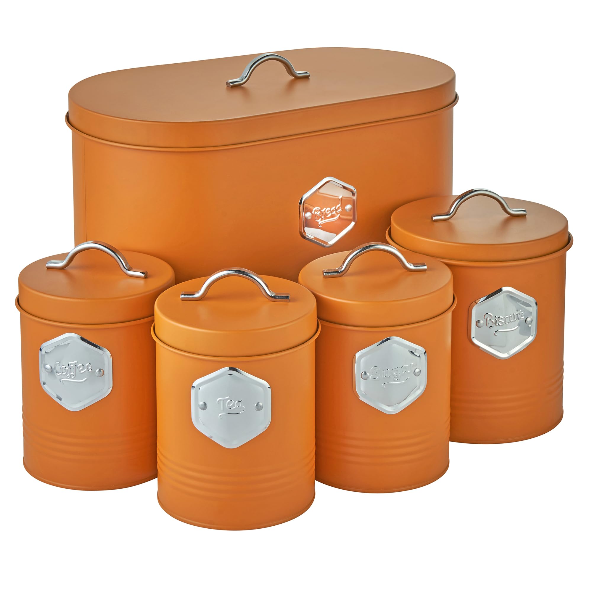 Cooks Professional Orange & Silver 5 Piece Tea Coffee Sugar Bread & Biscuit Cannister Set | Labelled Storage Tins | Containers With Airtight Lids | Canisters For Kitchen Accessories & Essentials |