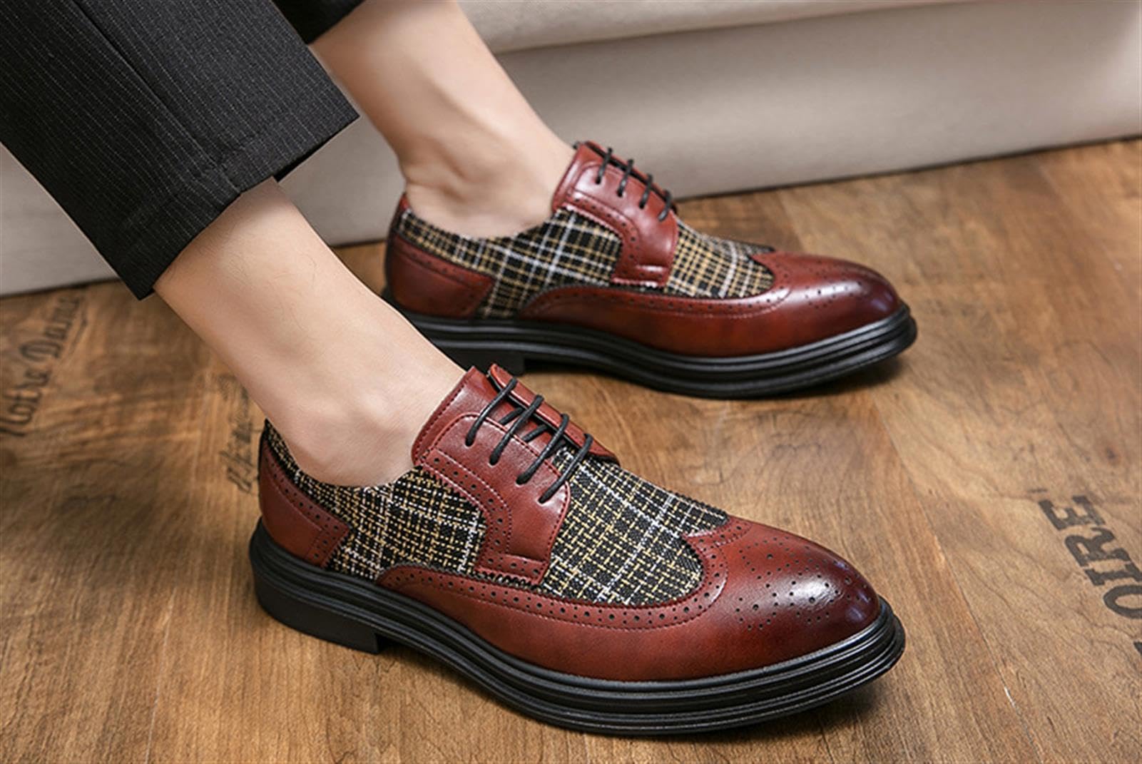 Herren Budapester Oxford Schuhe Klassische Lackleder Business Schuhe mit Kariertem Tweed Casual Festlich Hochzeit Elegant Derby