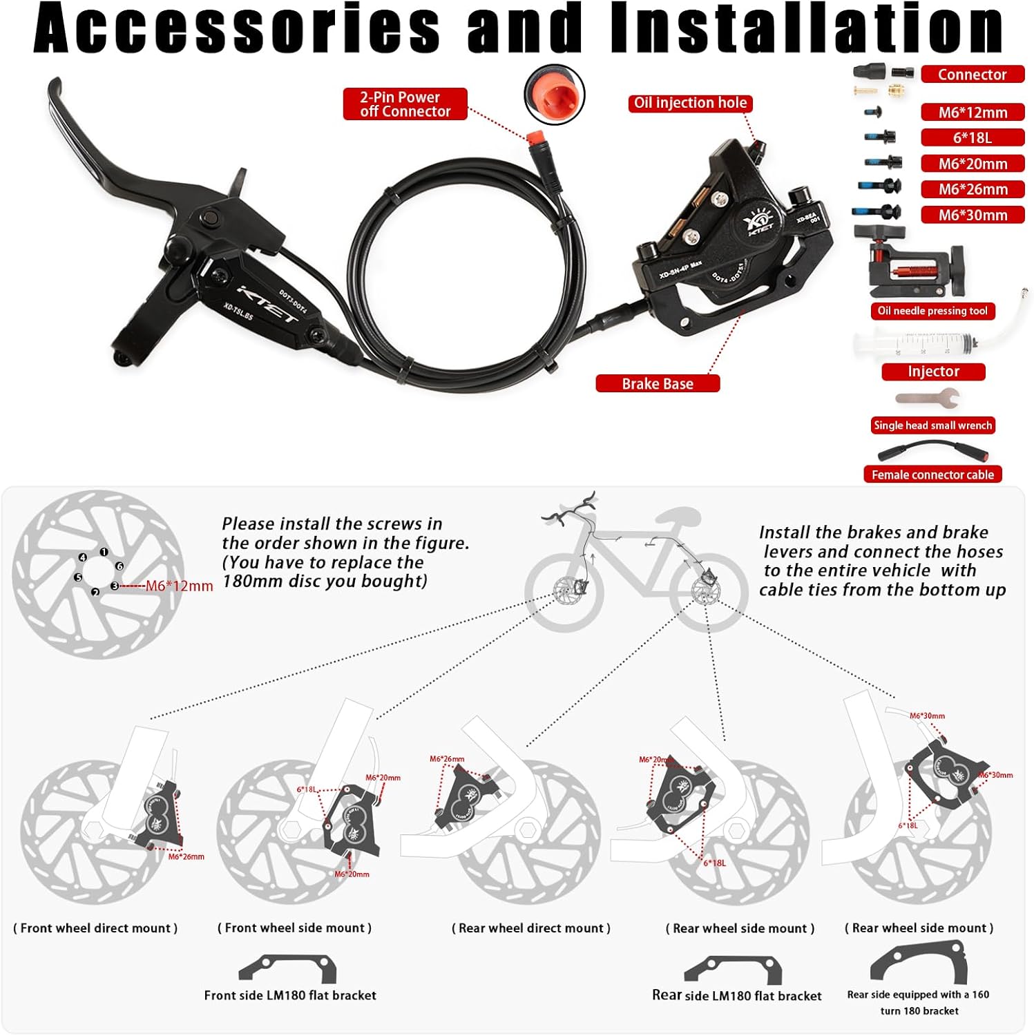 4 Piston Hydraulic Brakes for Ebike: 2 PIN Waterproof Power-Off Connector, Pre-Bleed Filled with DOT 4 Brake Fluid Brake Kit - 180mm 2.75mm Thickened Rotor (Black, 4 Piston)