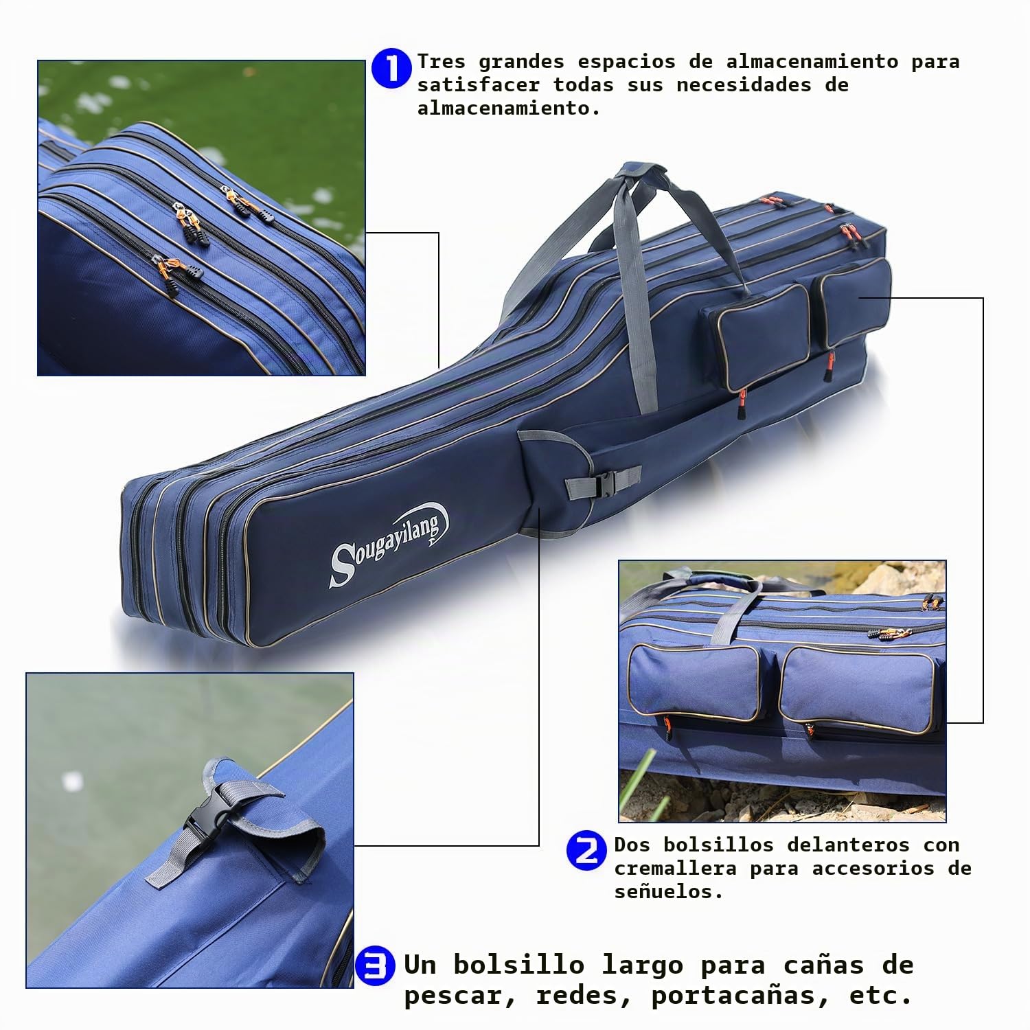 Sougayilang Bolsa plegable portátil para caña de pescar, almacenamiento de aparejos de gran capacidad de 3 capas, 135/165 cm, Azul-165 cm, 165 cm, Práctico