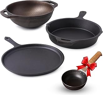 Pre-Seasoned Cast Iron Cookware Set | Tawa(25.2cm), Fry Pan (25cm), Wok Model Kadai (20.8cm) & Tadka Pan (16.4cm) | Kitchen Cooking Combo Pots and Pans Set of 4Pcs Black