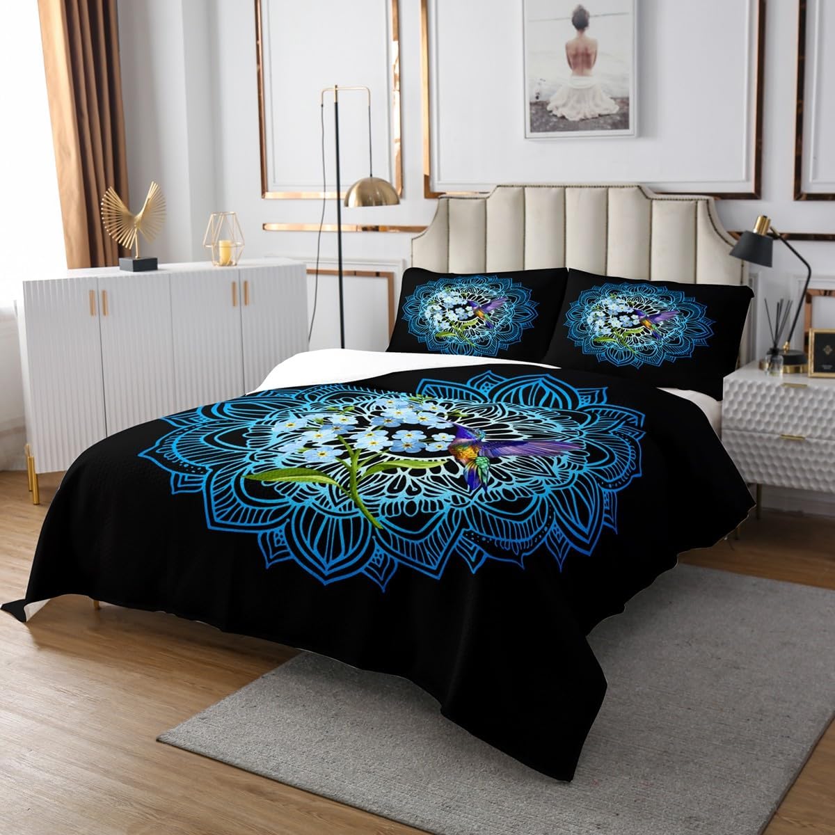 Floral Hummingbird Bedspread King,Bohemian Style Quilted Coverlet 3pcs for Adults Teens Room Decor,Lotus Flower Soft Breathable Bedding Quilt