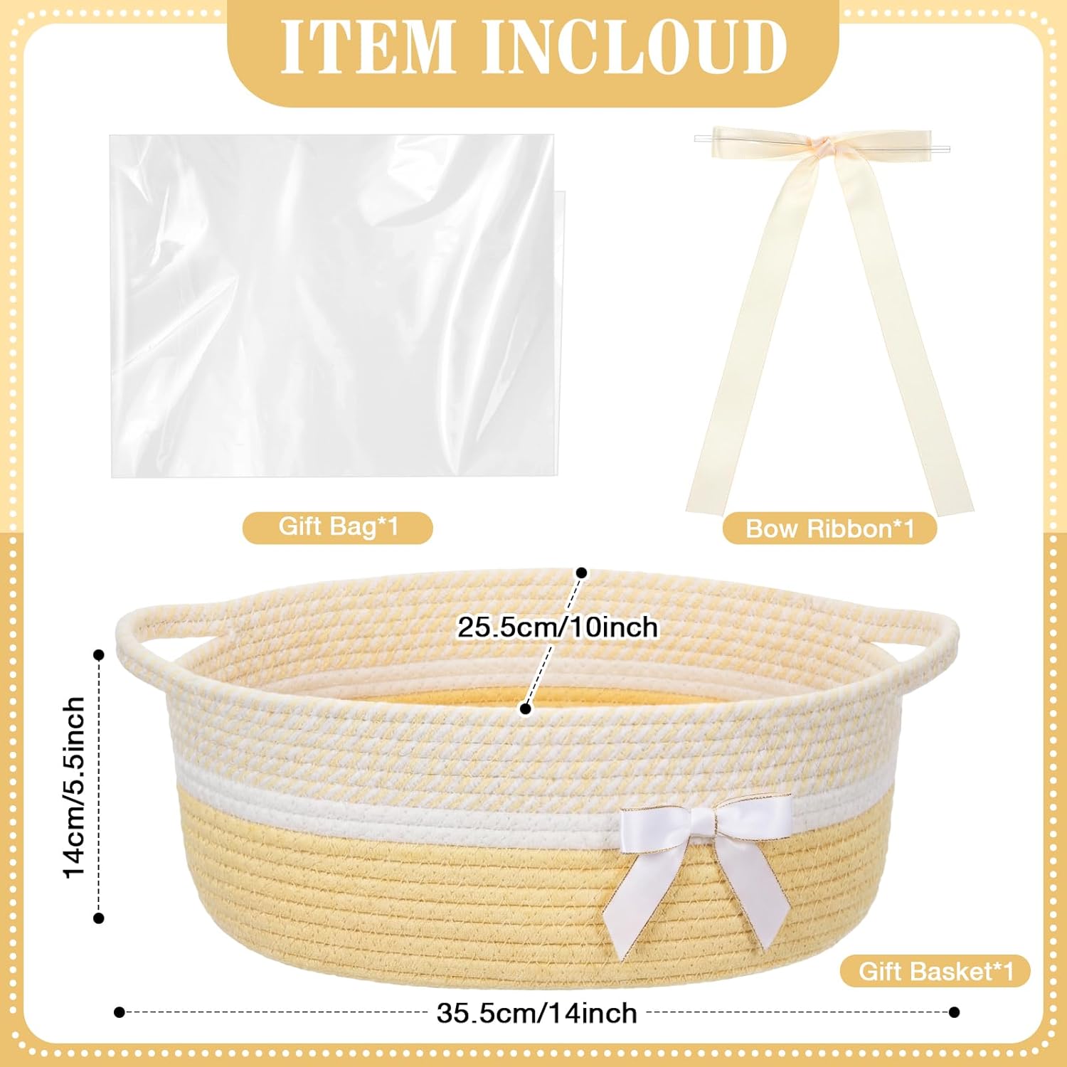 Colingmill Woven Gift Basket Empty with Ribbons Bow Tie Bag, Mother's Day Graduation Decorative Woven Gift Basket, Rope Storage Box with Handles Home Decor(14 x 10 x 5.5 Inch,Light Yellow White)