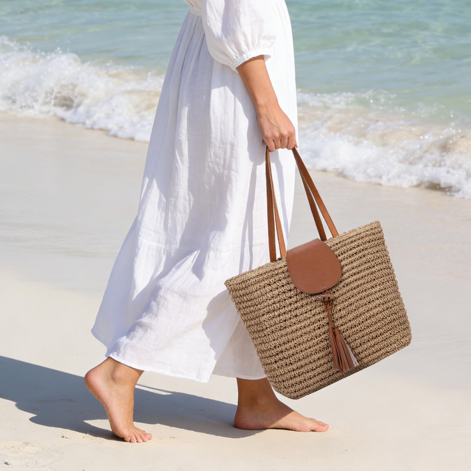 Sac Fourre-tout en Paille pour Femme Sac à Main Tendance pour La Plage Sac à Bandoulière Tissé Tendance pour Les Vacances