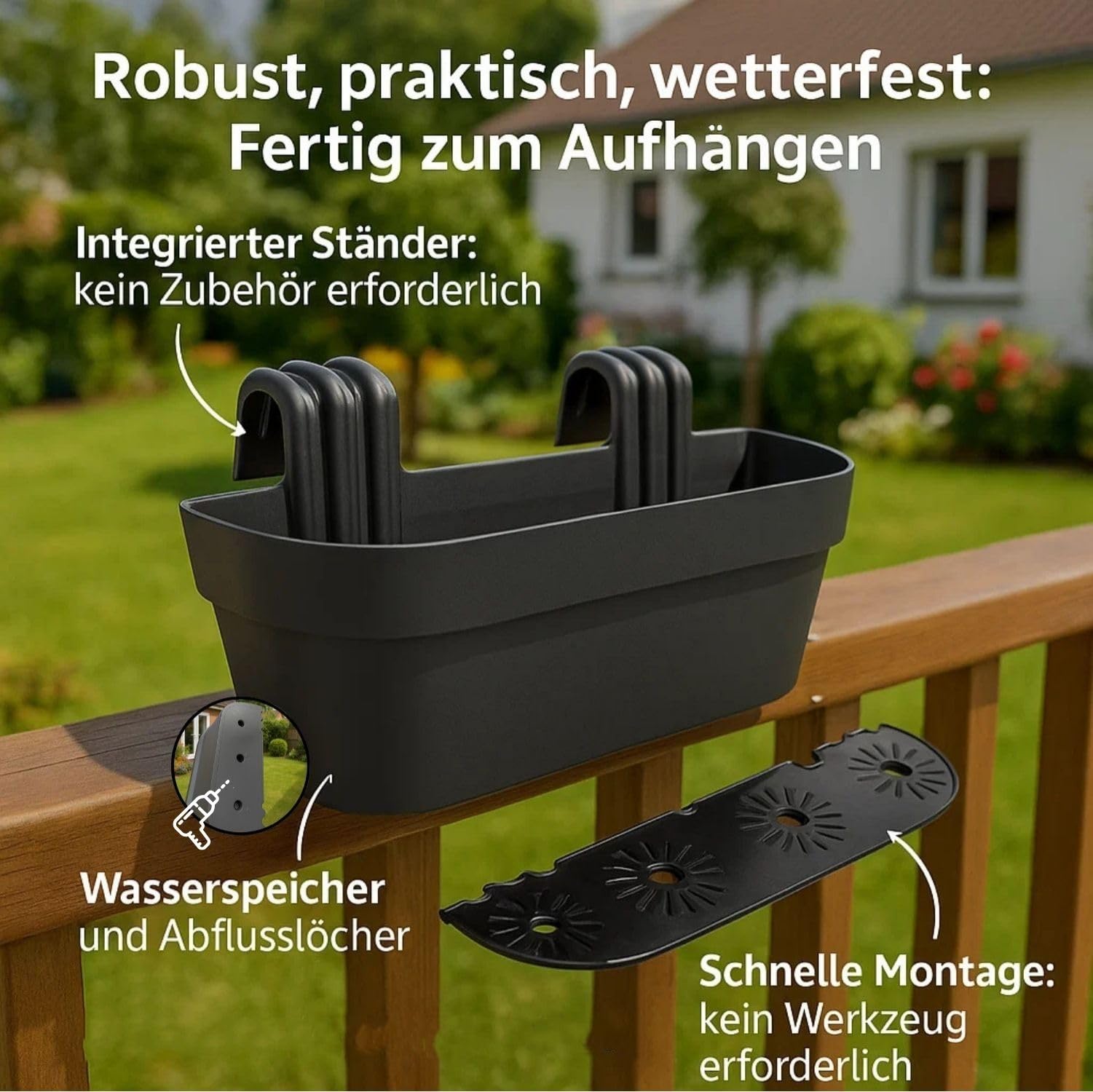BigDean 4X Blumenkasten Balkongeländer 50cm mit Wasserspeicher Anthrazit | Balkonkasten inklusive Halterung, Blumentopf zum Aufhängen