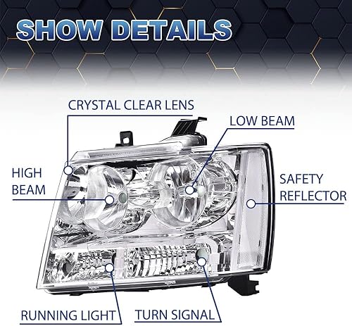 Miniatura 2 de PIT66 Faros delanteros, compatibles con Chevy Tahoe Suburban 2007-2014Chevy Avalanche 2007-2013, lente transparente, carcasa cromada, reflector
