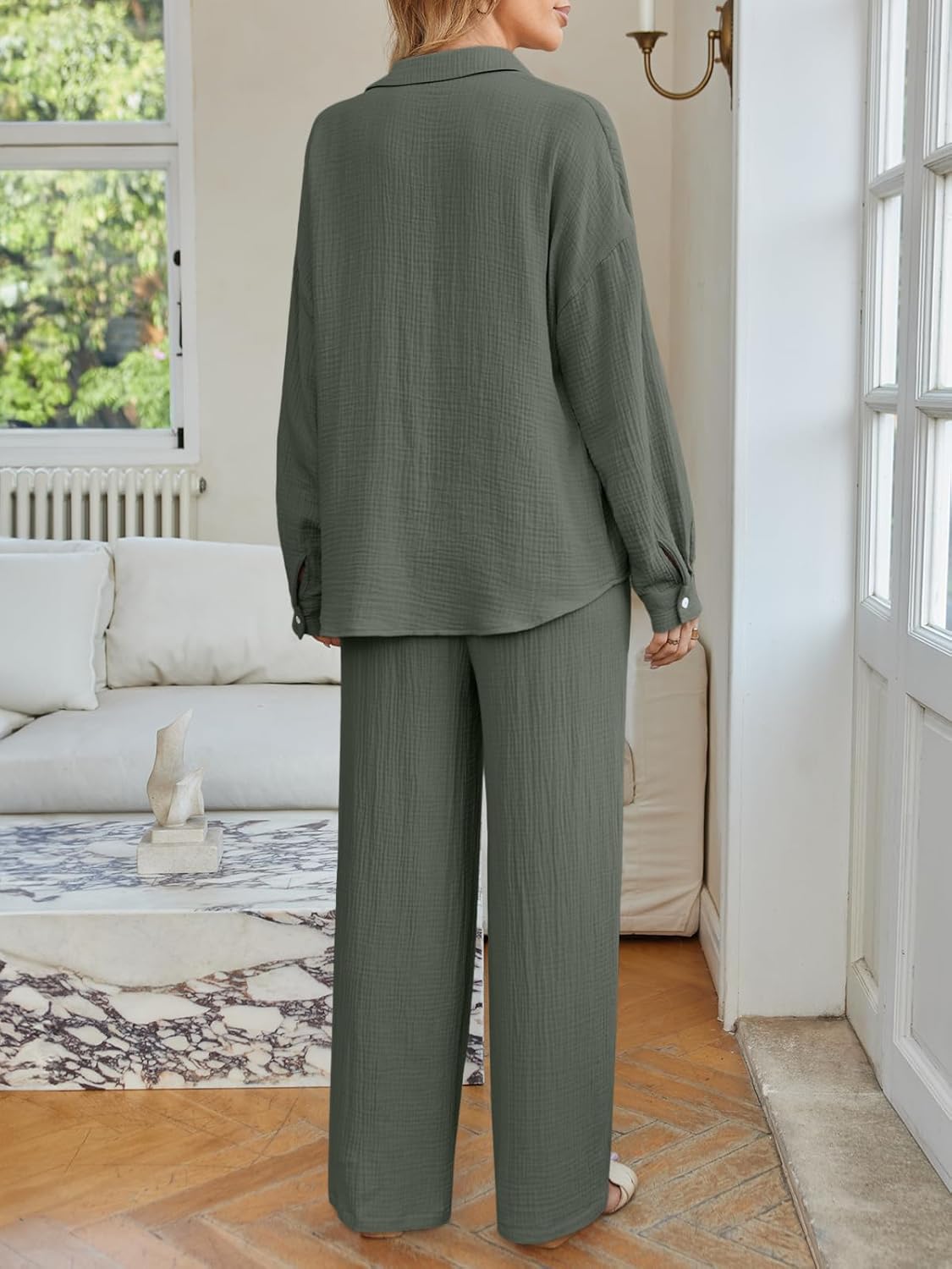 LILLUSORY Womens 2 Piece Linen Matching Lounge Sets 2026 Summer Vacation Outfits Long sleeve Button Down Oversized Pant Sets - Image 4