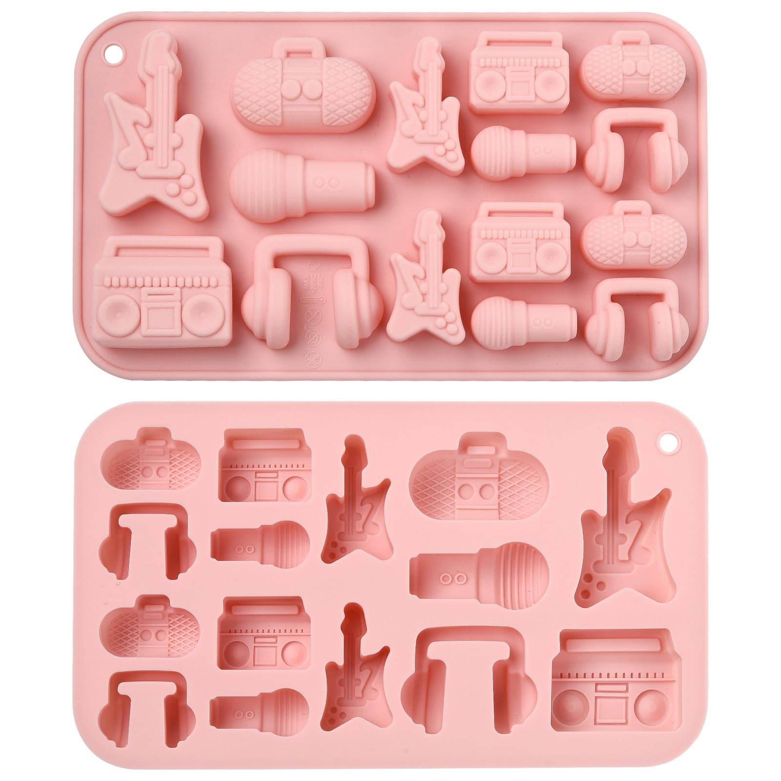 Stiesy Music Theme Silicone Moulds 2Pcs Reusable Musical Instrument Chocolate Mould Nonstick Guitar Headset Mic Radio Shape Molds for Baking Fondant Cake Mold DIY Soap Pudding Party Snacks Treats