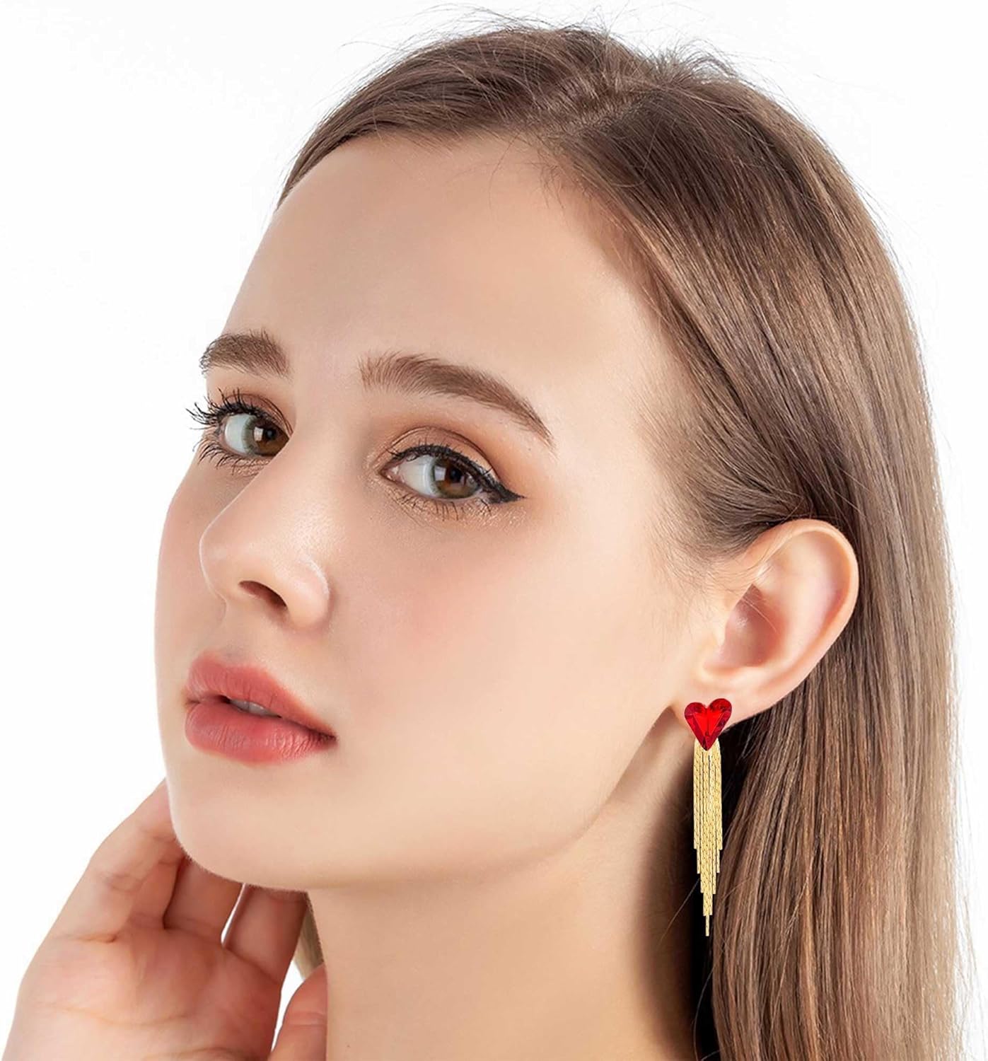 Austrian Crystal Heart Dangle Earrings Gold Tassel Earrings for Women 14K Gold Plated Hypoallergenic Trendy Jewelry Gift - Image 2