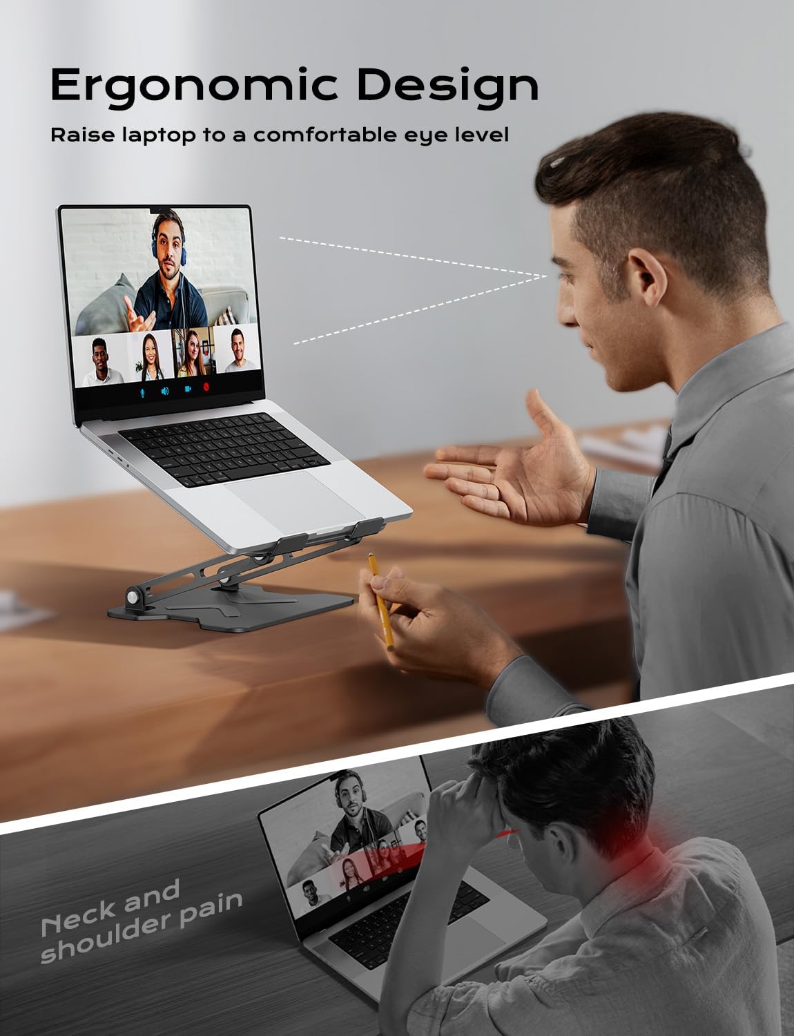 JCZT Adjustable Laptop Stand for Desk, Metal Foldable Laptop Riser, Portable Laptop Holder Mount, Ventilated Cooling Notebook Stand for MacBook Air Pro, All 10-16'' Notebooks Laptops Black