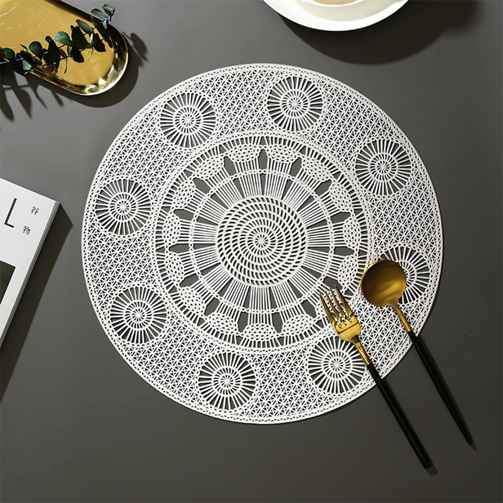 Hosoncovy 4 Pack Ferris Wheel Decorative Placemats PVC Placemats Hollow Dining Table Place Mats Heat Resistant Non-slip Dining Placemats Table Mats for Home Kitchen (Silver)
