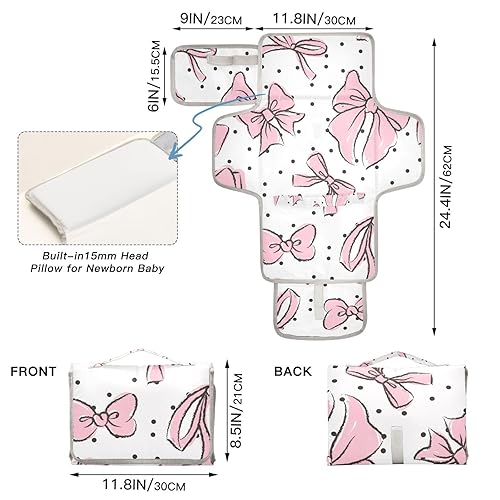 Miniatura 4 de Cambiador de pañales para bebé Pink Bow - Cambiador de pañales impermeable con almohada incorporada - Cambiador de viaje portátil para niñas y niños