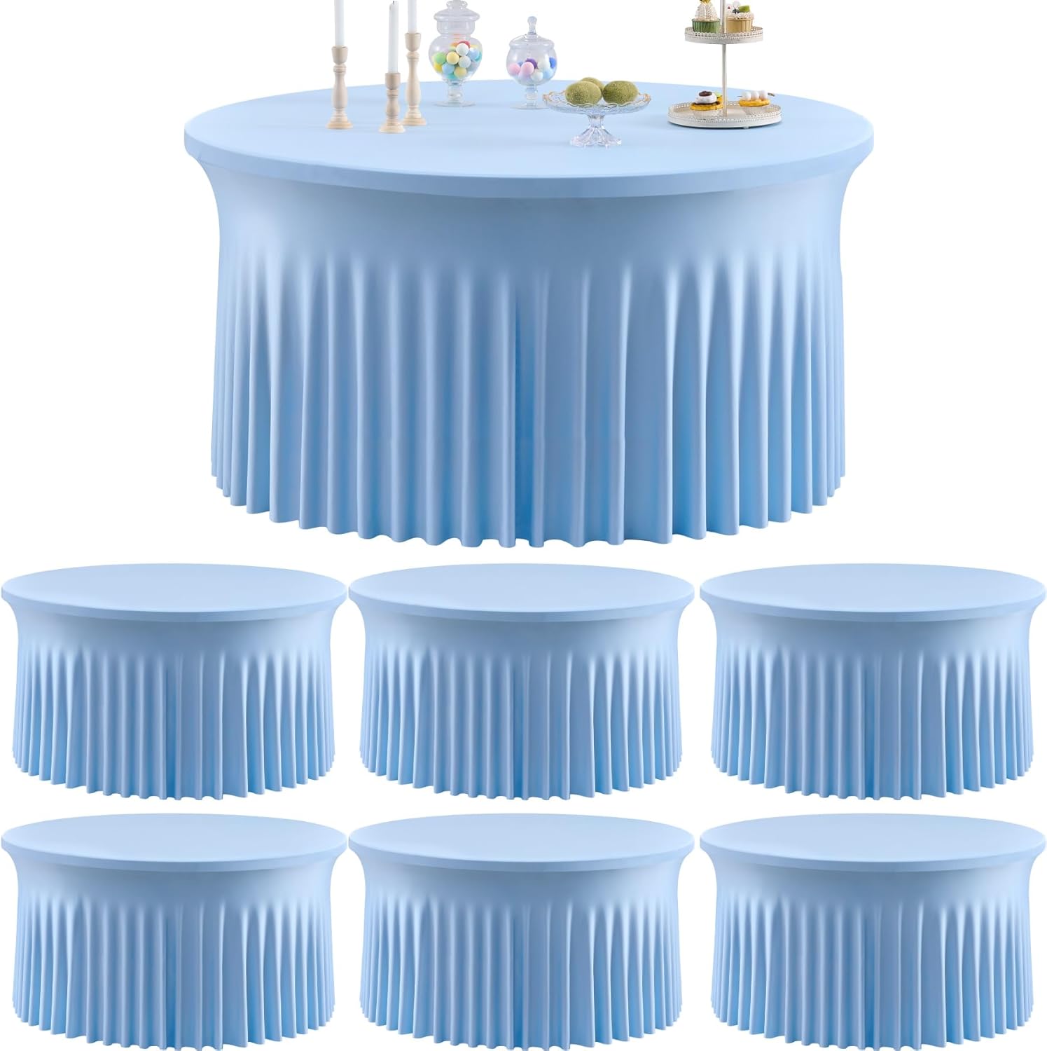 Htper 6 Pack Baby Blue Round Spandex Tablecloths for 60