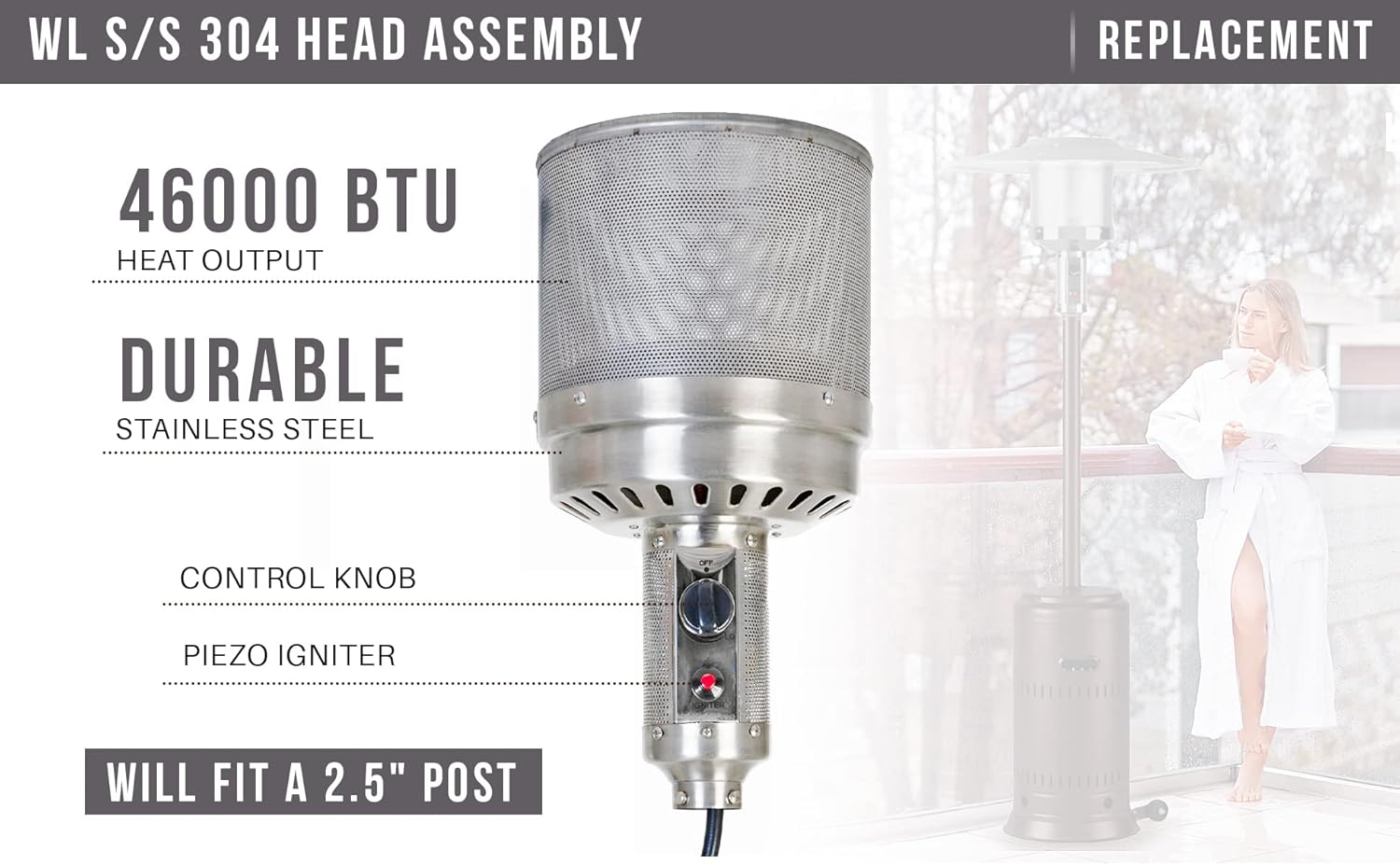Fire Sense WL S/S 304 Head Assembly Will Fit 2.5" Post 46,000 BTU Propane Patio Heater Head Replacement Fits With Most Of WL Models (63079, Regular)