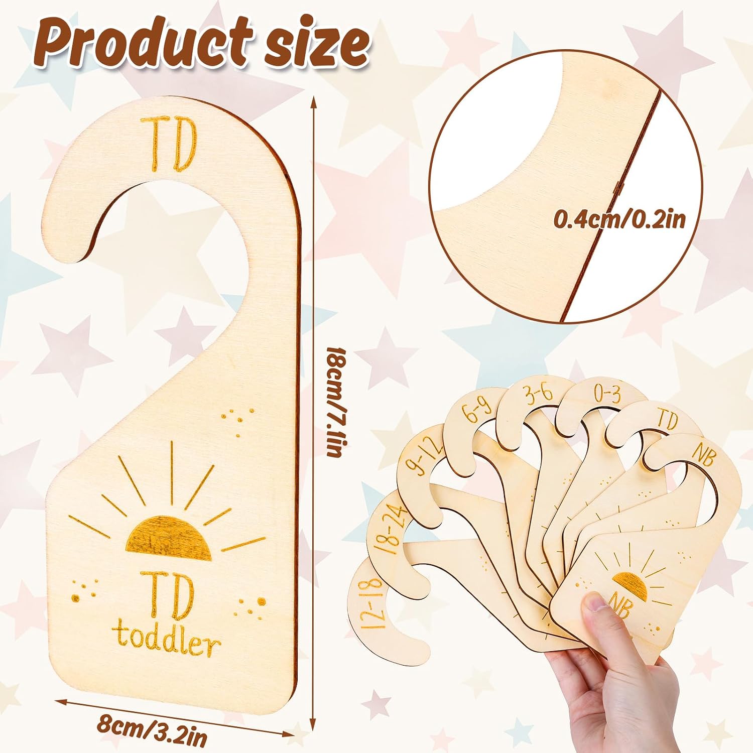 Whaline 8Pcs Baby Closet Size Dividers Boho Sun Hanging Wooden Baby Closet Organizer Newborn to 24 Months Thicken Infant Wardrobe Organizer for Home Nursery Bedroom Decor